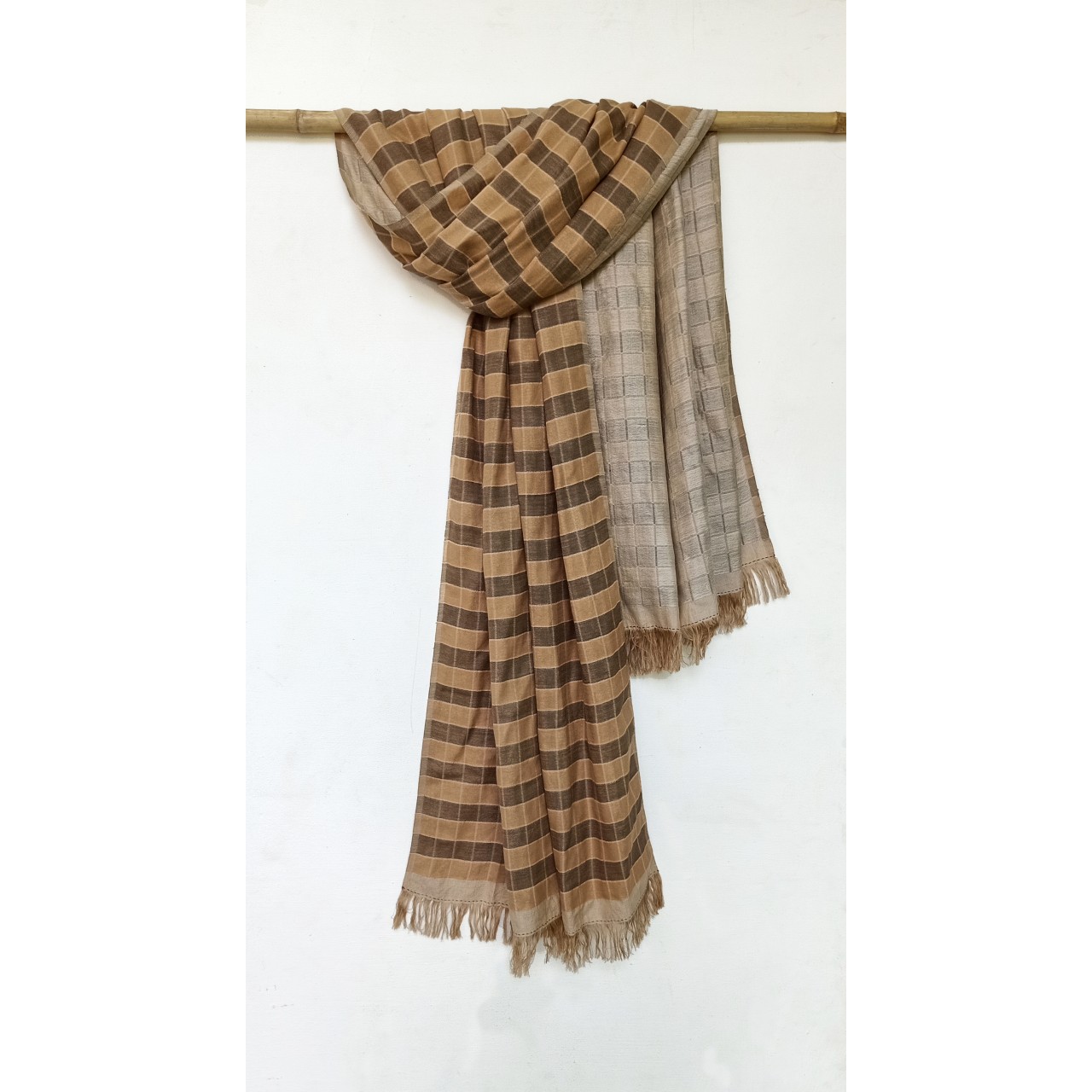 (291) Eri silk, cotton, mulberry silk Azo free dyed stole from Uttarakhand - Yellow, checks