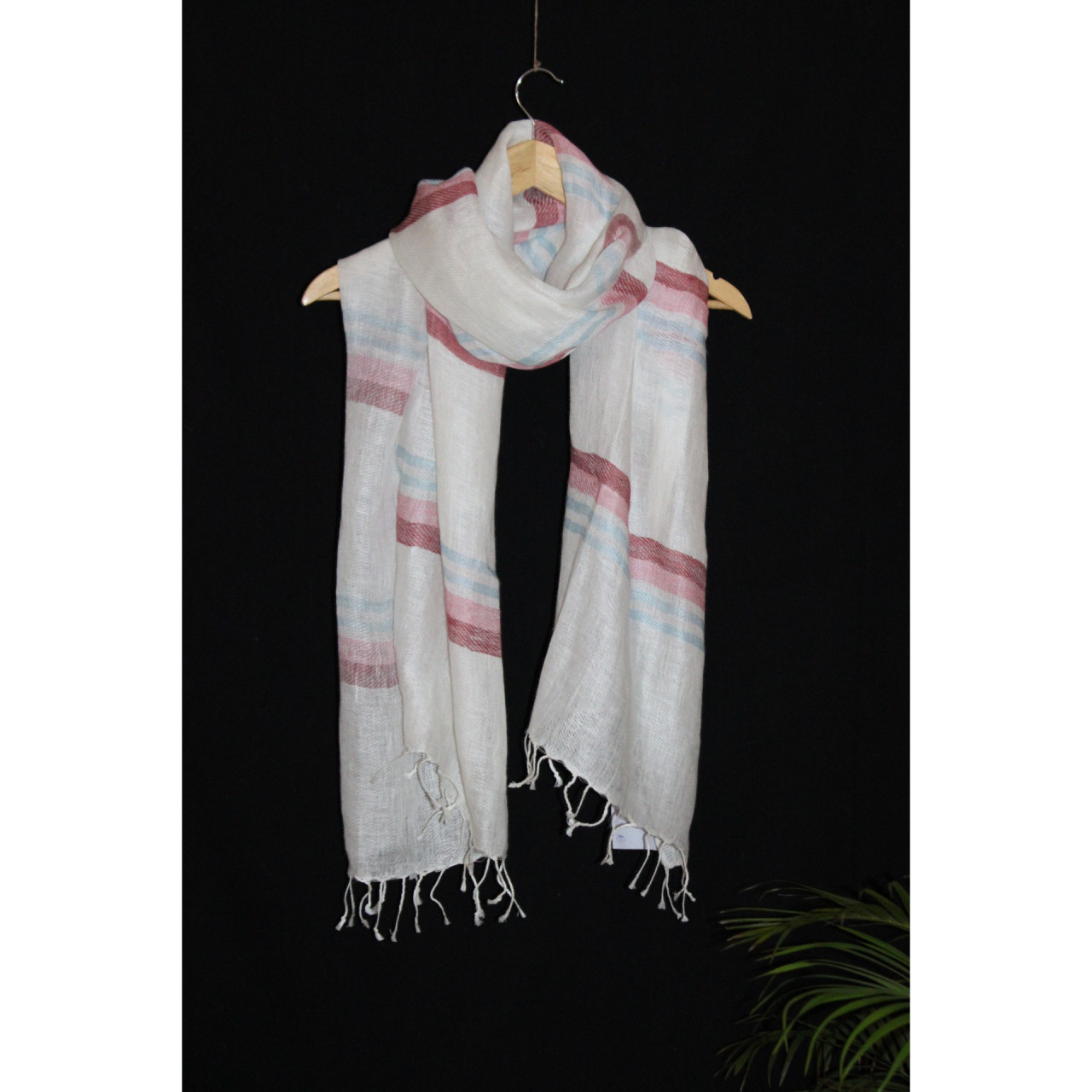 (1393) Linen Azo-free dyed stole from Bihar - Pink, blue, mustard yellow, stripes