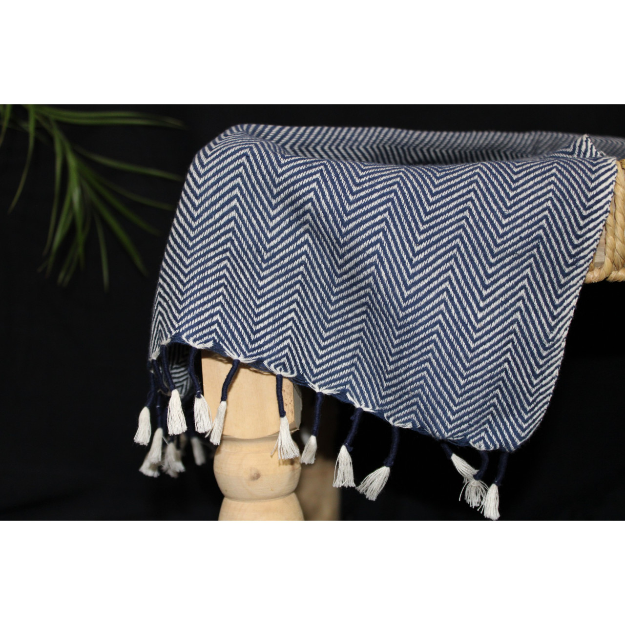 (1430) Cotton and khadi  Azo-free dyed throw from Bihar - Indigo, white, textured, piped fringes