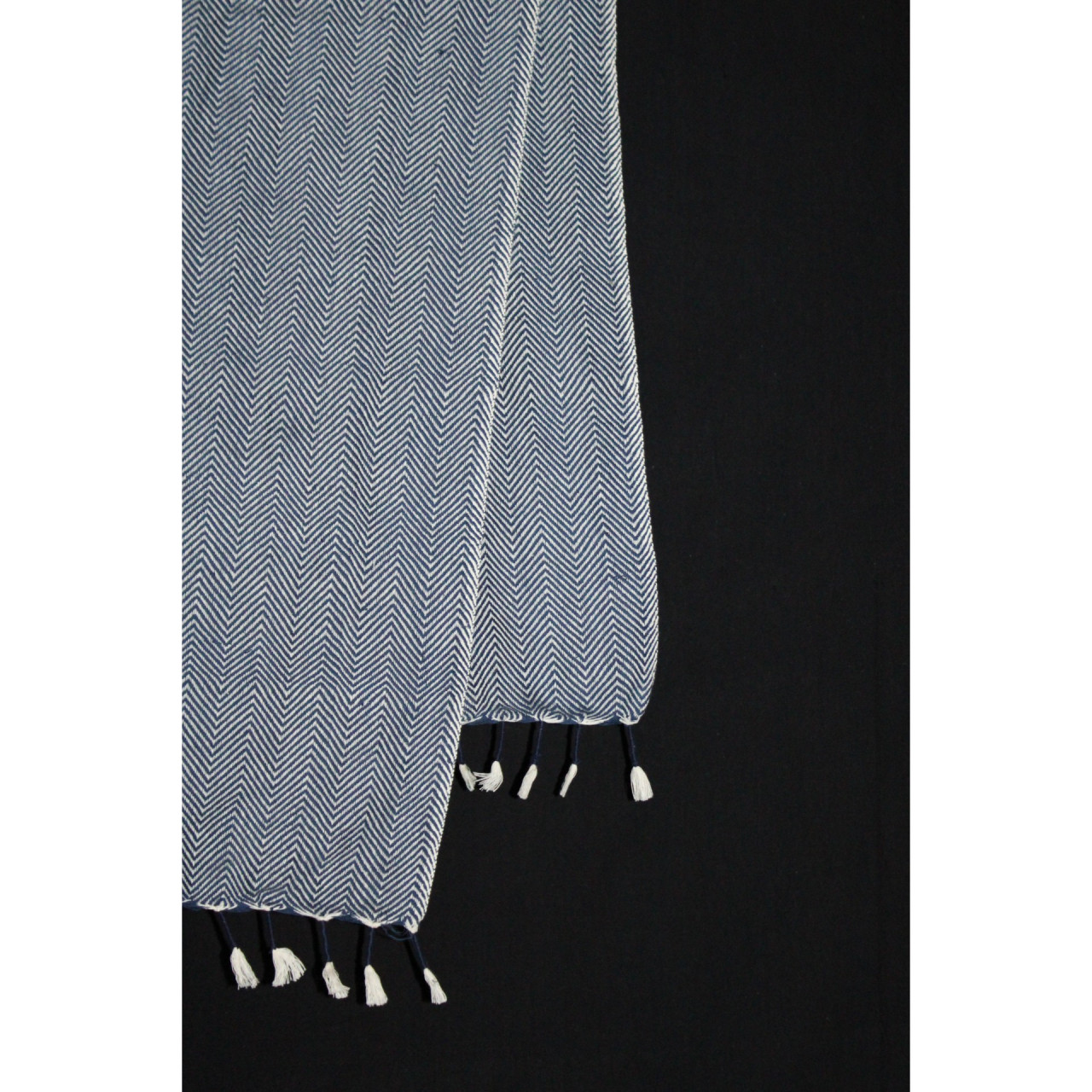 (1430) Cotton and khadi  Azo-free dyed throw from Bihar - Indigo, white, textured, piped fringes