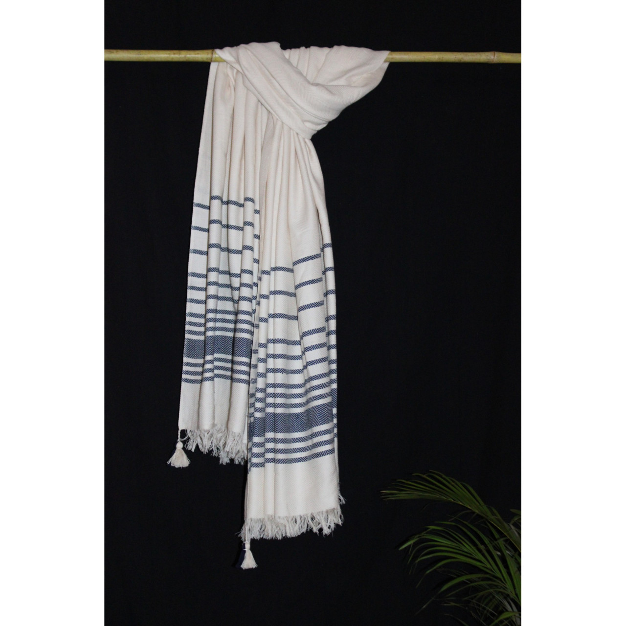 (1431) Cotton and khadi  Azo-free dyed throw from Bihar - White, indigo, stripes, textured, pompoms
