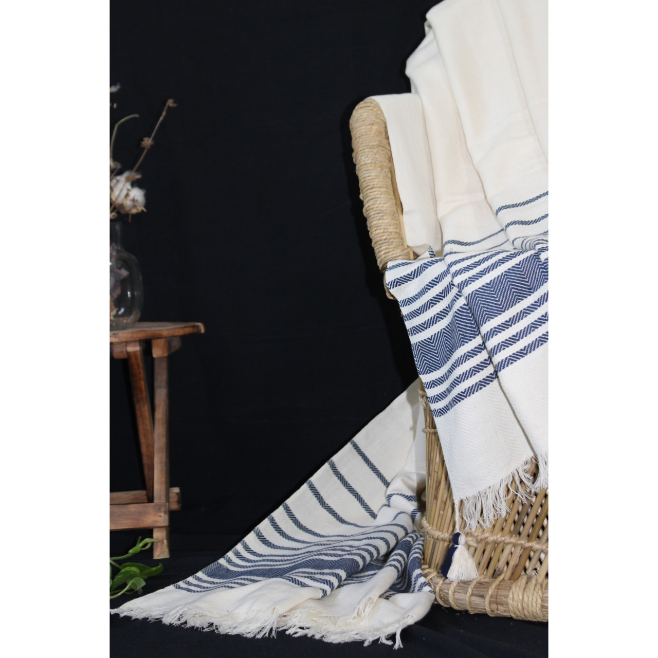 (1431) Cotton and khadi  Azo-free dyed throw from Bihar - White, indigo, stripes, textured, pompoms