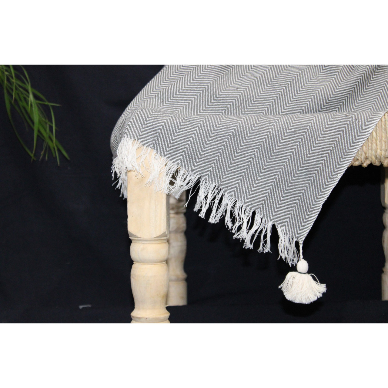 (1432) Cotton and khadi  Azo-free dyed throw from Bihar - Grey, white, pompoms, textured