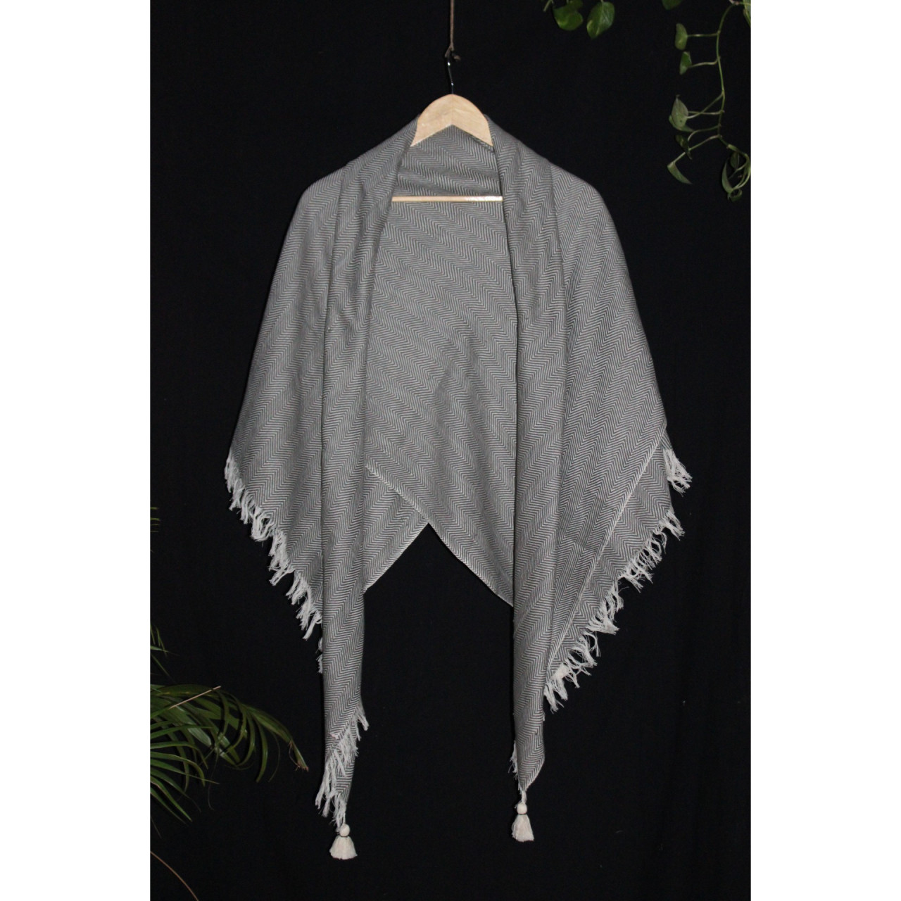 (1432) Cotton and khadi  Azo-free dyed throw from Bihar - Grey, white, pompoms, textured