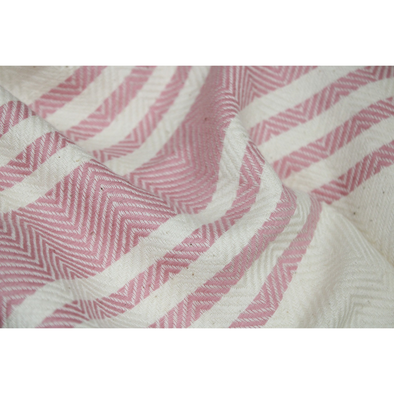 (1435) Cotton and khadi  Azo-free dyed throw from Bihar - White, pink, red, stripes, pompoms, textured