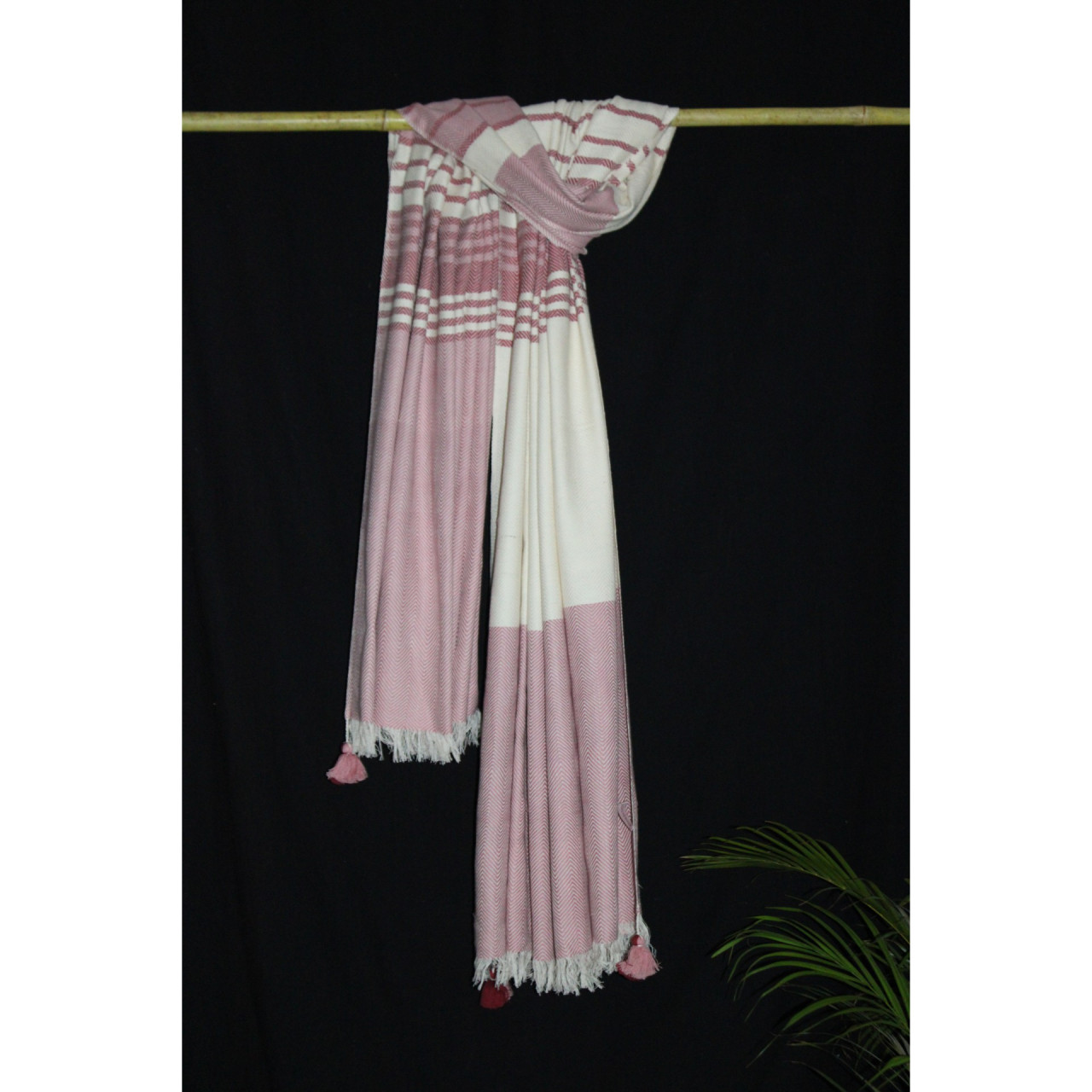(1436) Cotton and khadi  Azo-free dyed throw from Bihar - White, pink, red, stripes, textured