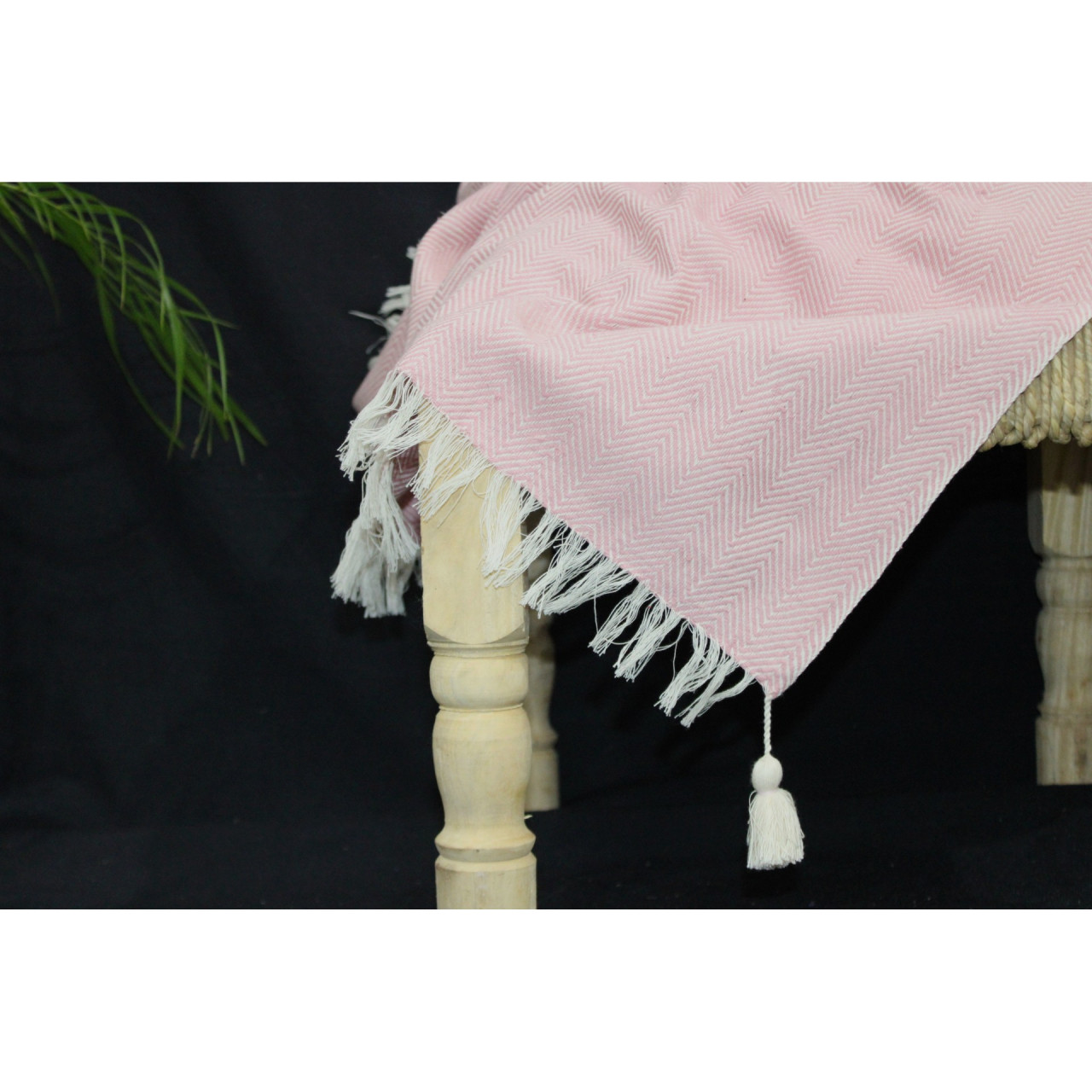 (1437) Cotton and khadi  Azo-free dyed throw from Bihar - Pink, pompoms, textured