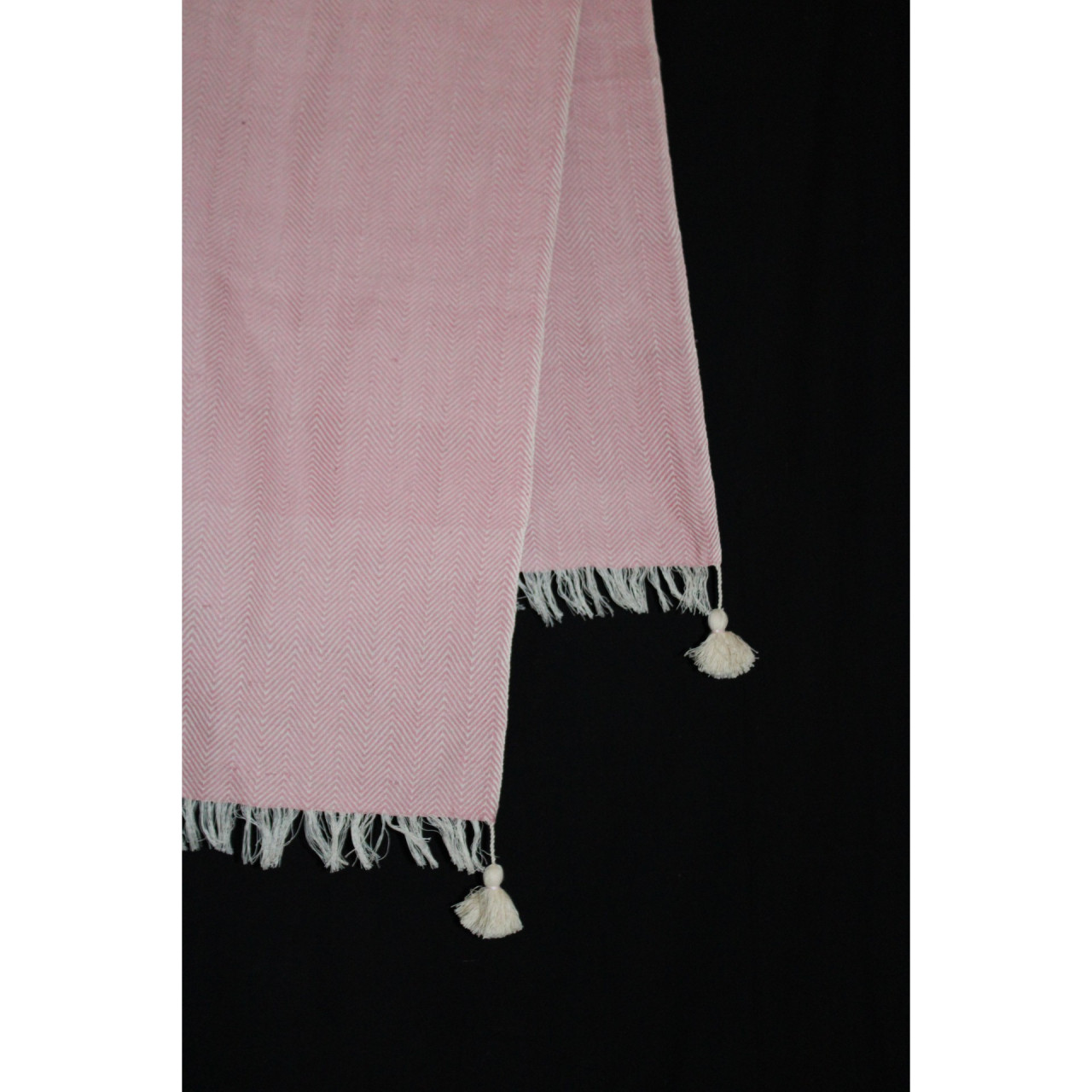 (1437) Cotton and khadi  Azo-free dyed throw from Bihar - Pink, pompoms, textured