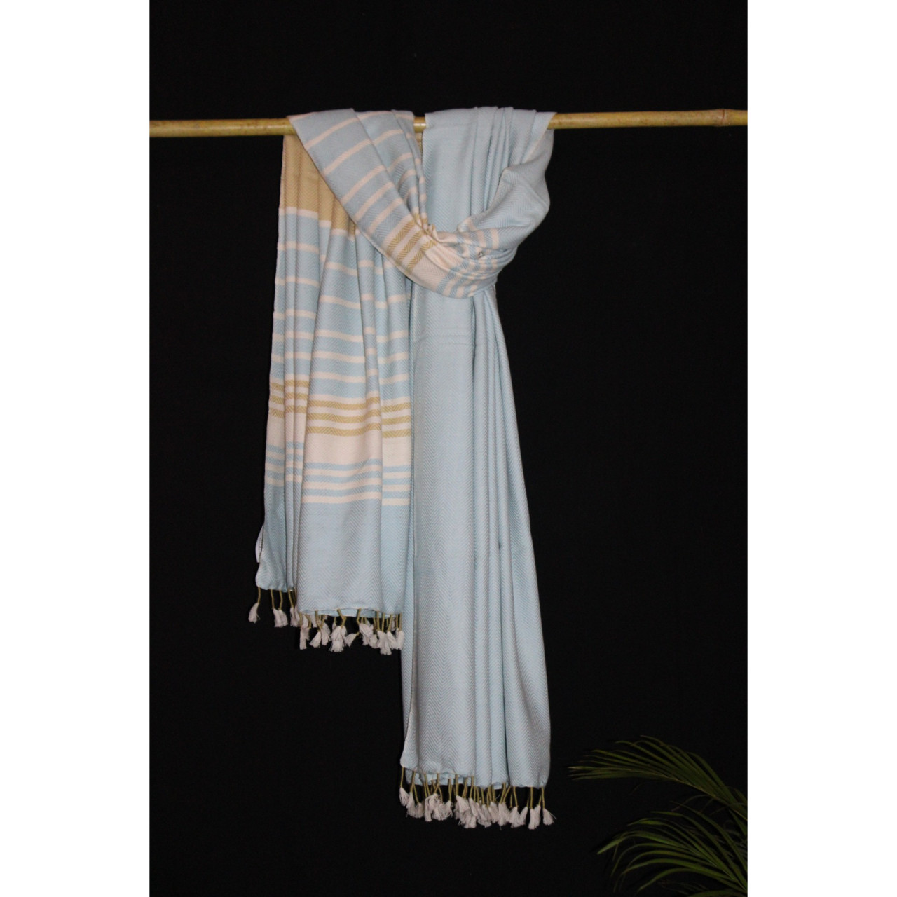 (1438) Cotton and khadi  Azo-free dyed throw from Bihar - White, sky blue, mustard, stripes, textured, piped fringes