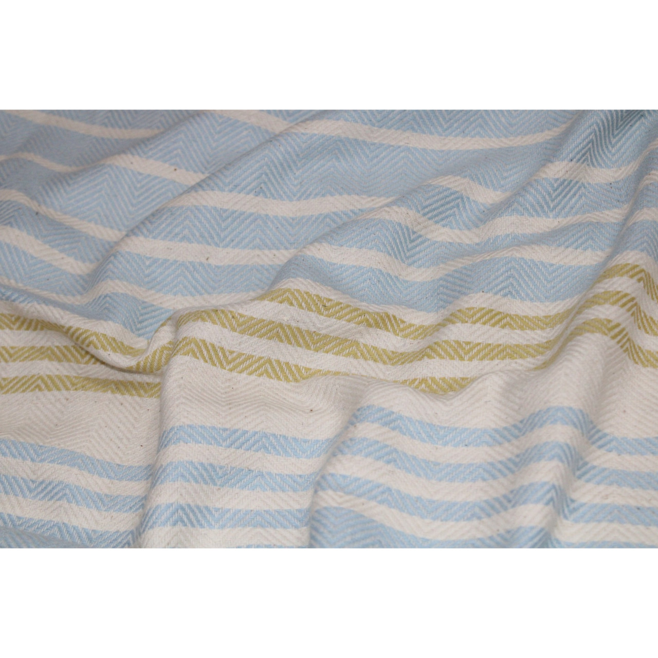 (1438) Cotton and khadi  Azo-free dyed throw from Bihar - White, sky blue, mustard, stripes, textured, piped fringes