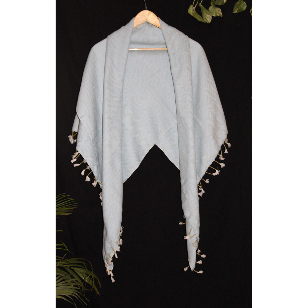 (1439) Cotton and khadi  Azo-free dyed throw from Bihar - Sky blue, piped fringes, textured, white