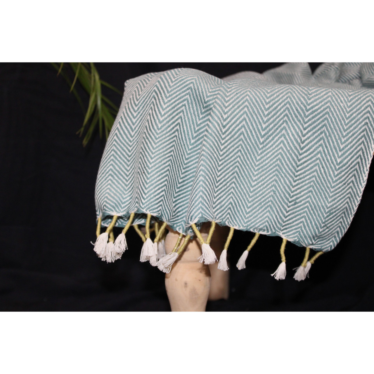 (1440) Cotton and khadi  Azo-free dyed throw from Bihar - Green, piped fringes, textured, white