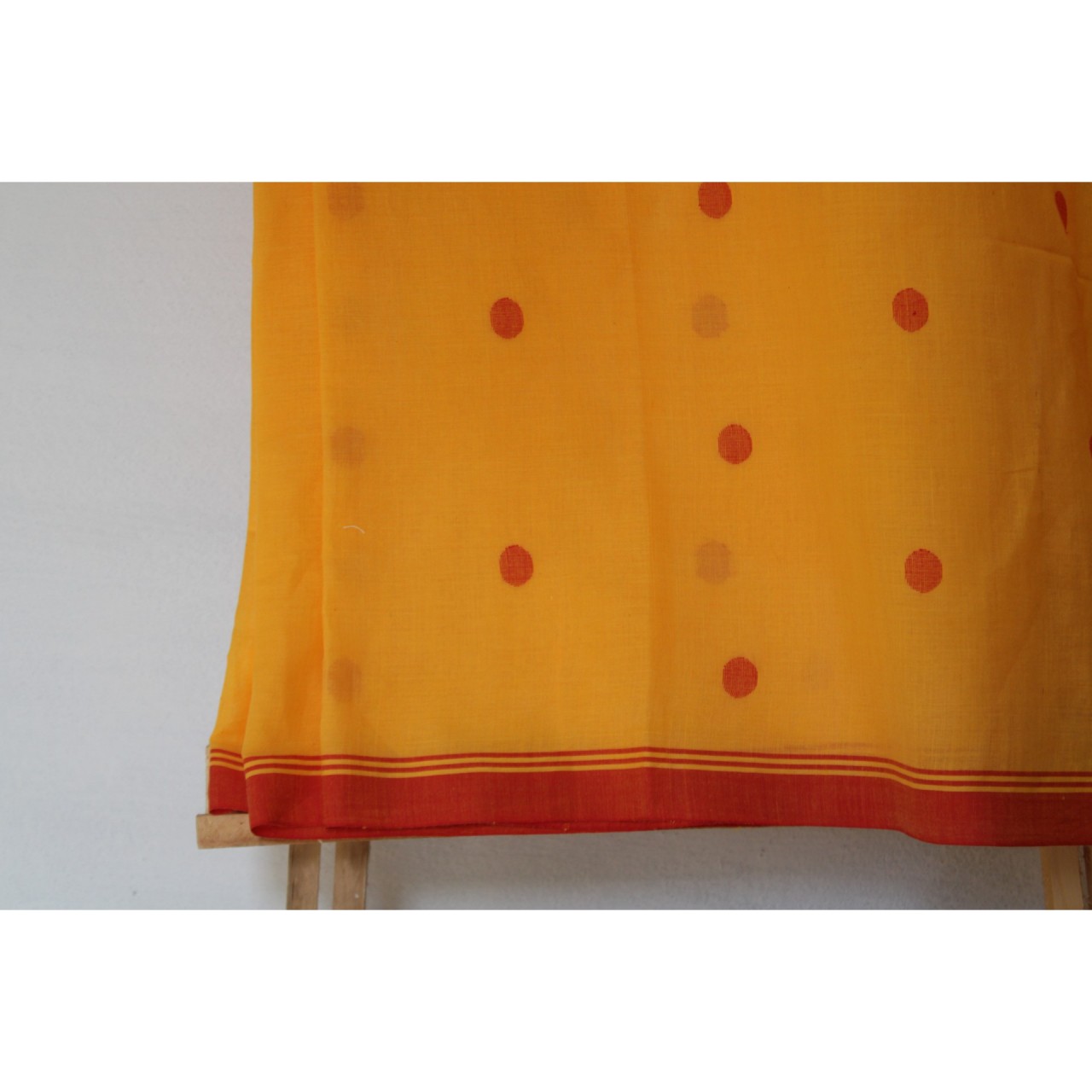 (1154) Cotton Azo-free dyed Jamdani sari from Burdwan with cotton motifs - Mustard yellow, red