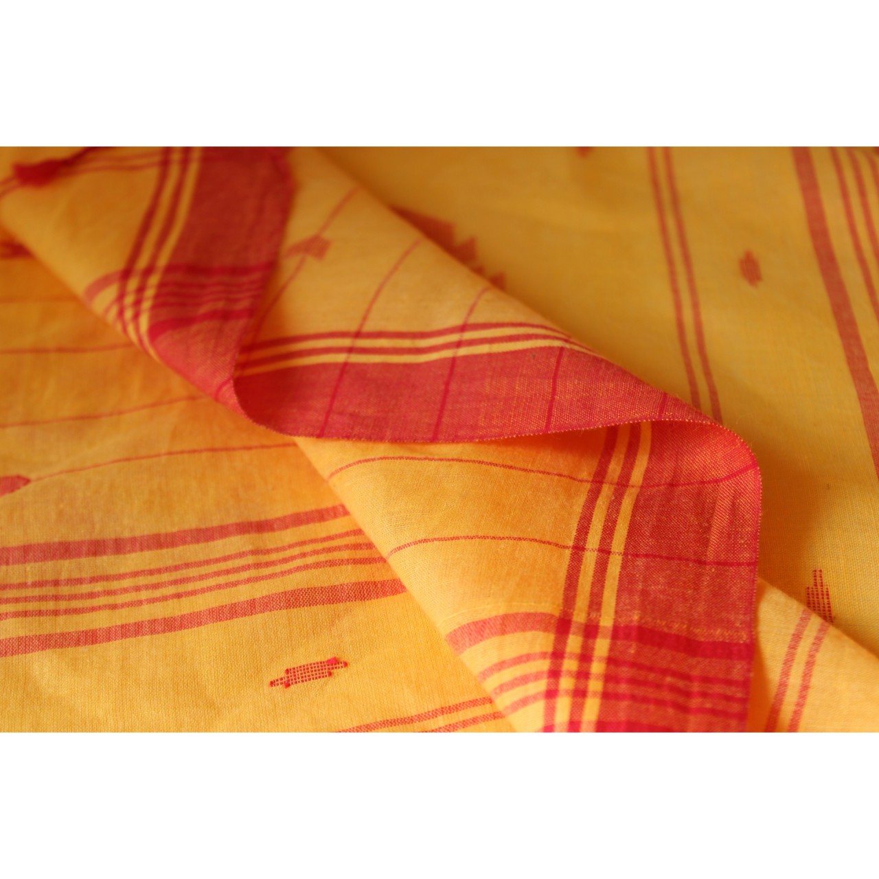 (1154) Cotton Azo-free dyed Jamdani sari from Burdwan with cotton motifs - Mustard yellow, red