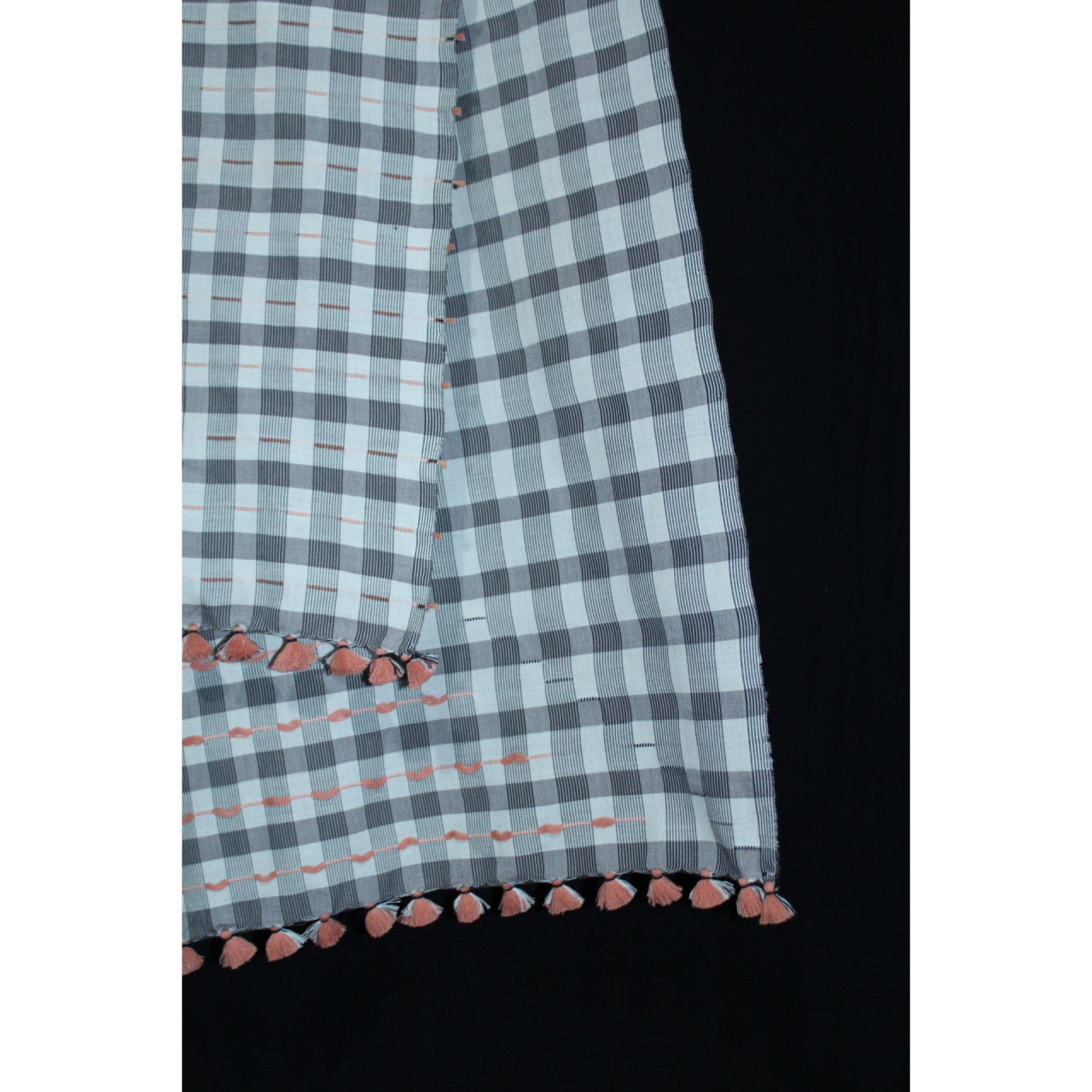 (335) Cotton, mulberry silk Azo-free dyed stole with cotton extra weft from Arunachal Pradesh - Black, white, peach, vertical stripes, horizontal stripes