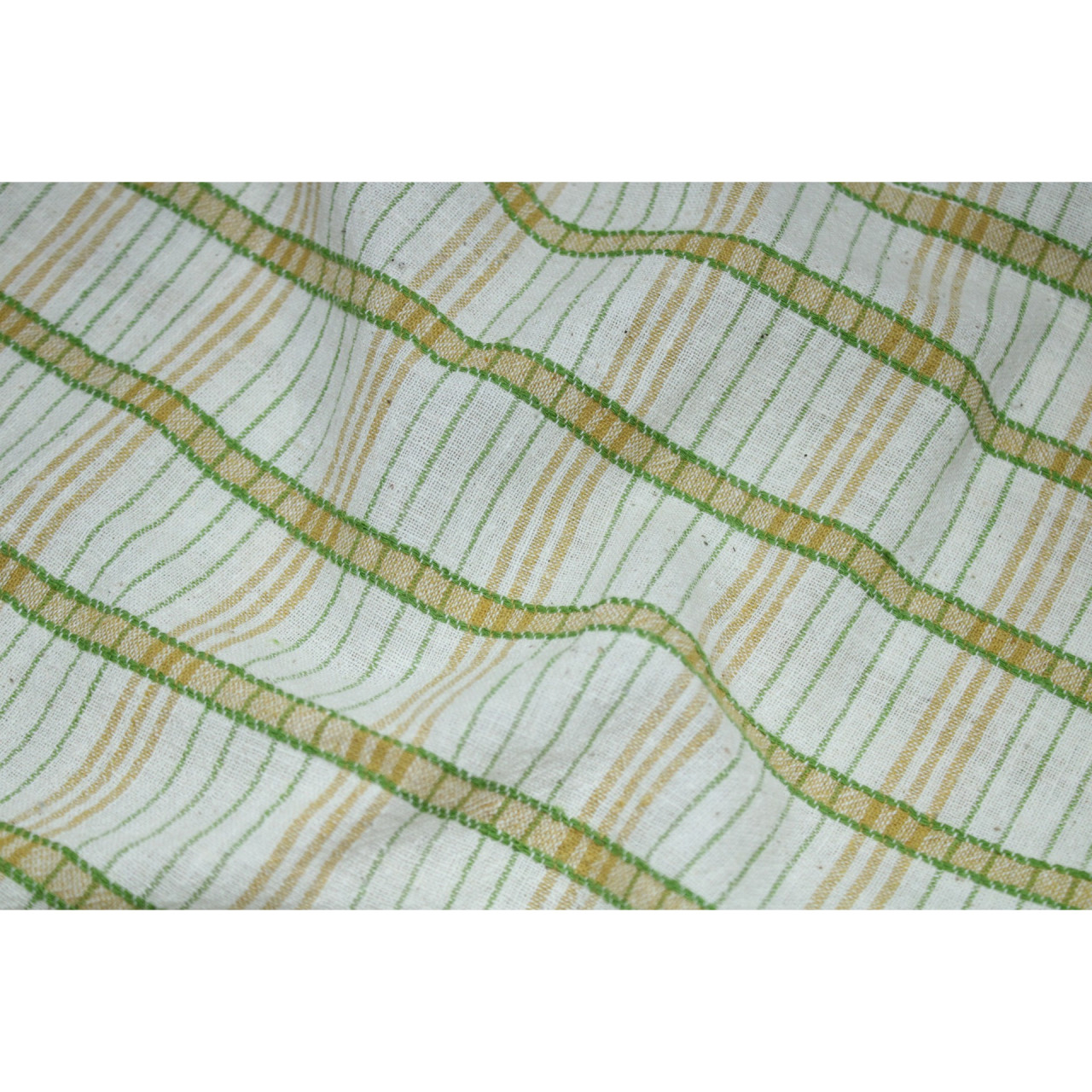 (2124) Kala cotton Azo-free dyed Kutchy yardage from Kutch with extra-weft - Green, yellow, white, stripes, textured