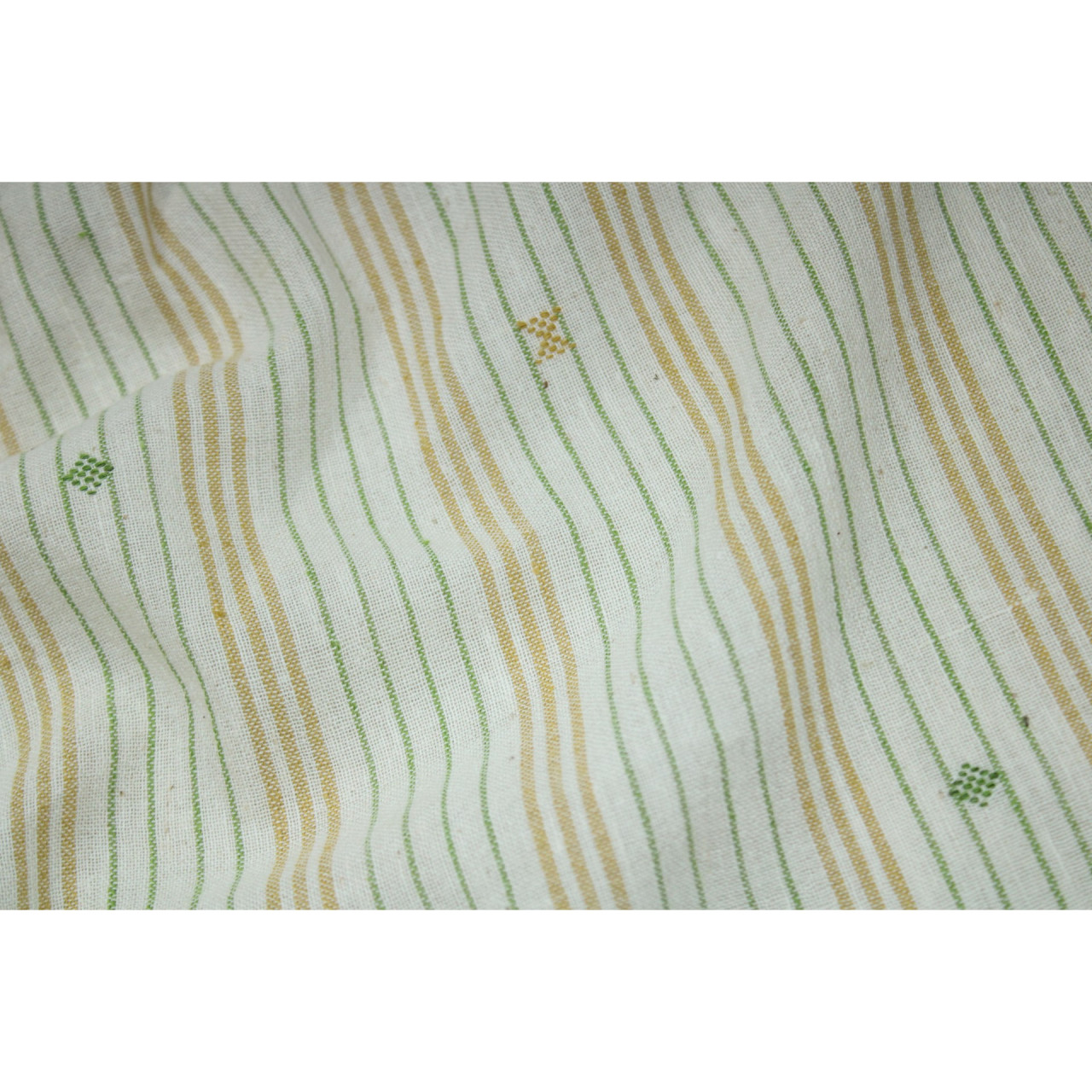 (2128) Kala cotton Azo-free dyed Kutchy yardage from Kutch with kala cotton extra-weft and kala cotton extra-weft - Green, yellow, white, motif, stripes