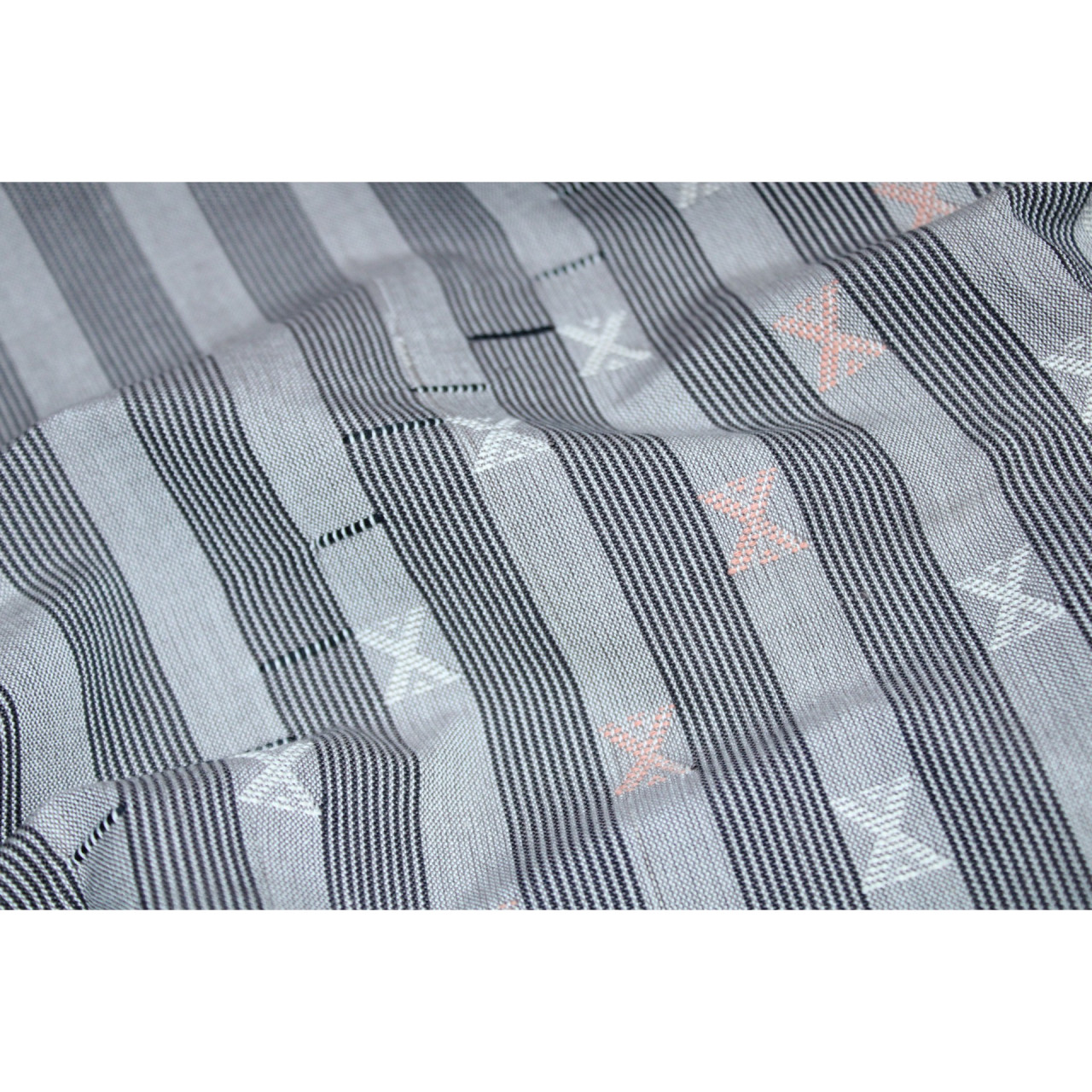 (2153) Cotton Azo-free dyed Kutchy stole from Kutch with cotton motifs and cotton motifs - Grey, black, white, stripes, motif, pompoms
