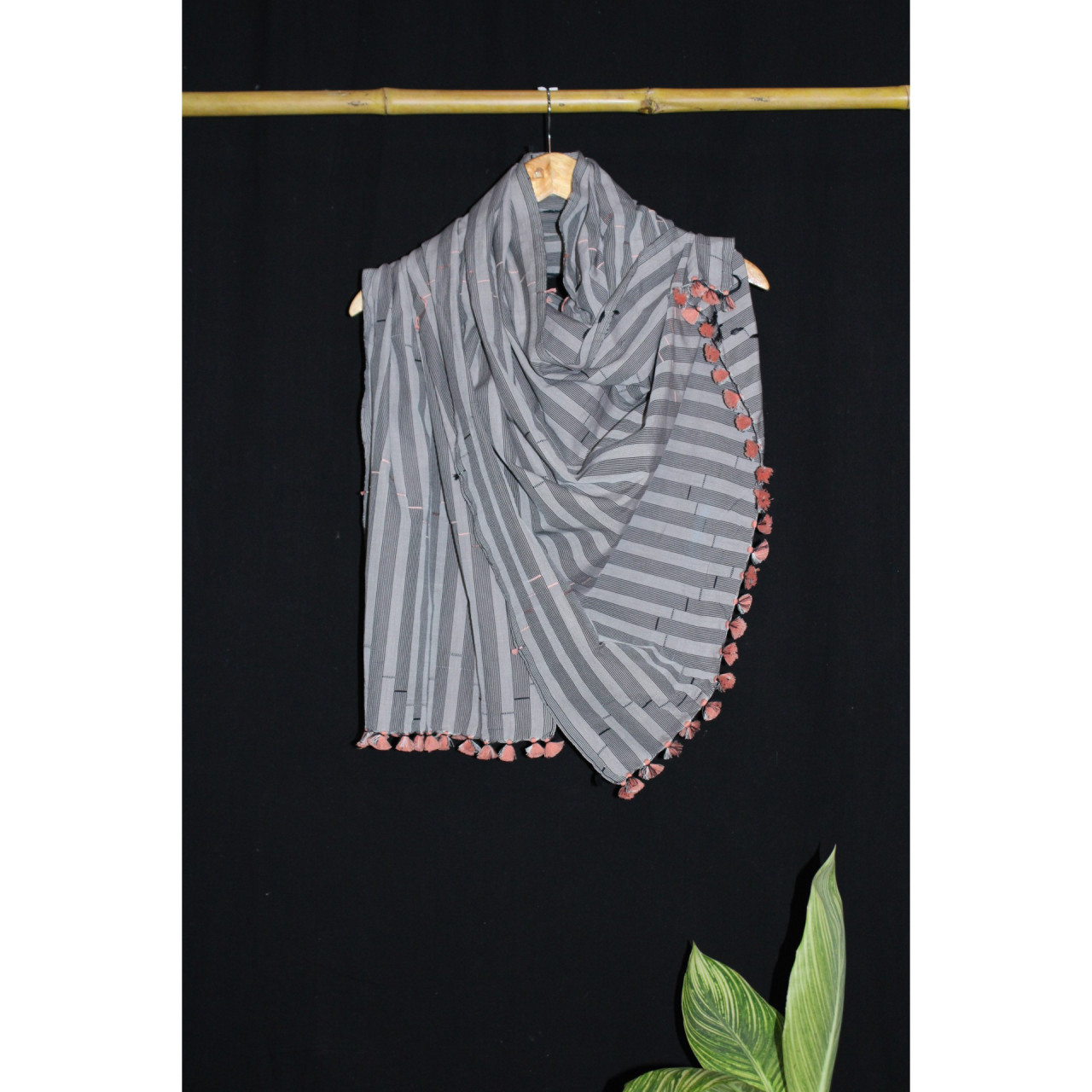 (2154) Cotton Azo-free dyed Kutchy stole from Kutch with cotton extra-weft - Grey, white, orange, black, pompoms, stripes, textured
