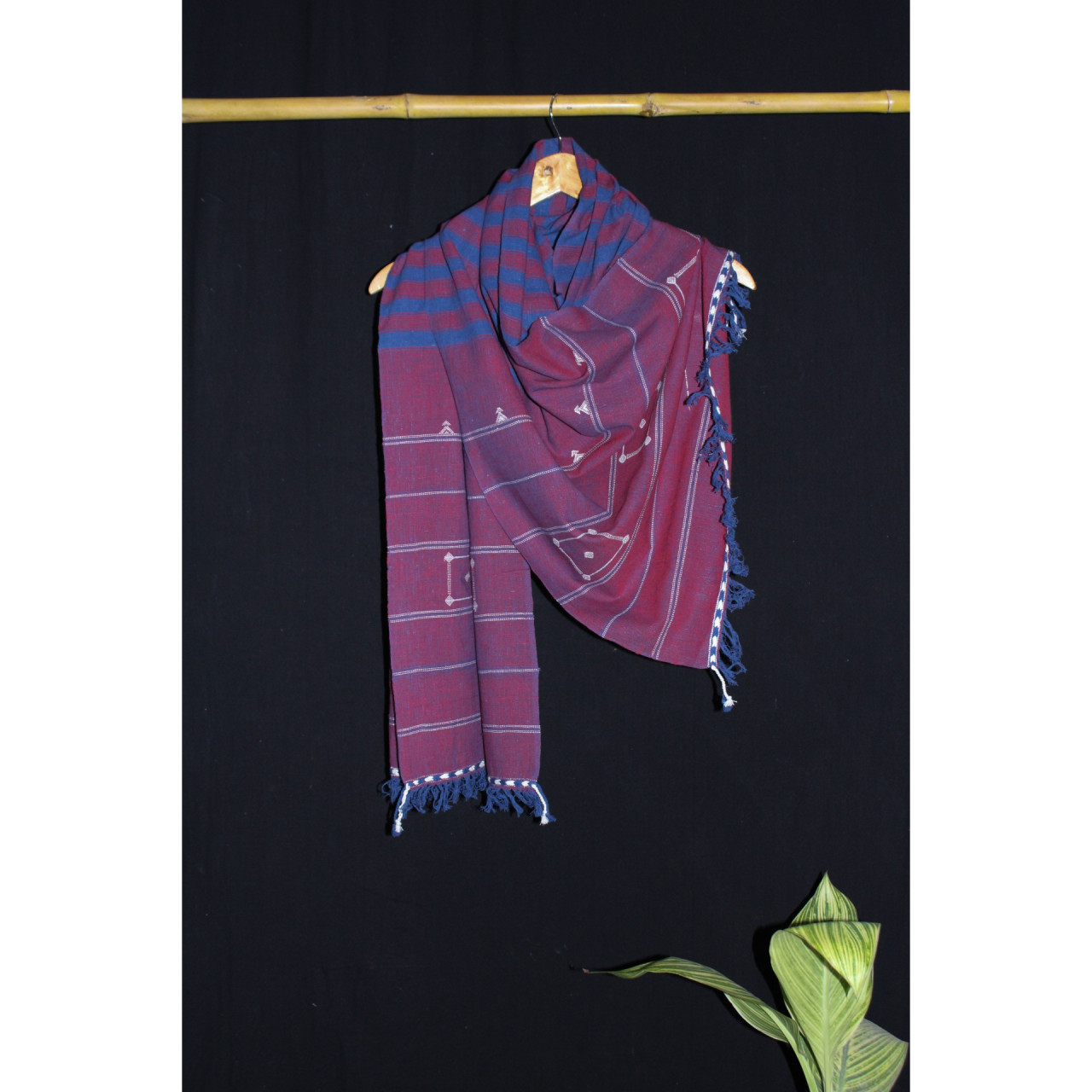 (279) Cotton Azo free dyed Kutchy stole with Motif - Maroon, horizontal stripes
