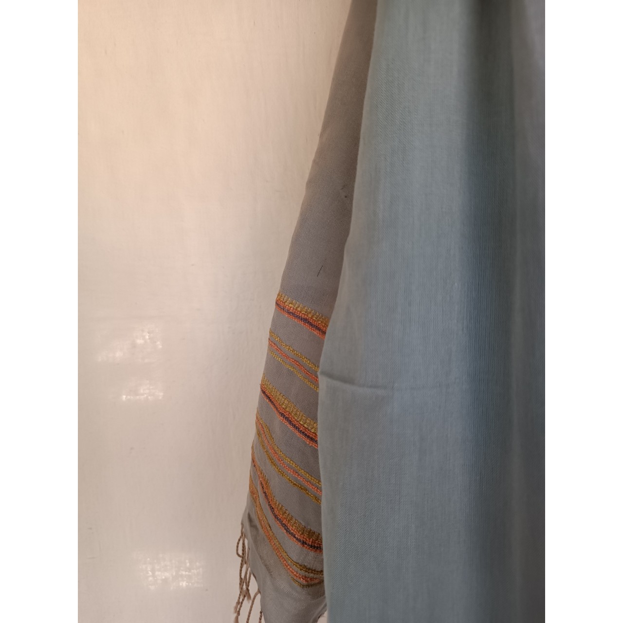 (960) Cotton Azo-free dyed Kutchy stole from Kutch with cotton extra-weft - Tussar, blue grey, horizontal stripes, extra weft