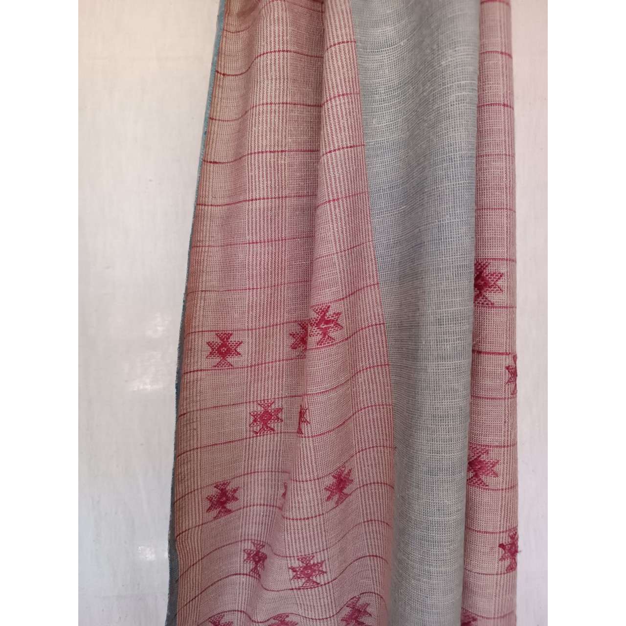 (962) Cotton and matka silk Azo-free dyed Kutchy stole from Kutch with extra-weft and motifs - Dark grey, pink, horizontal stripes, extra weft, motif