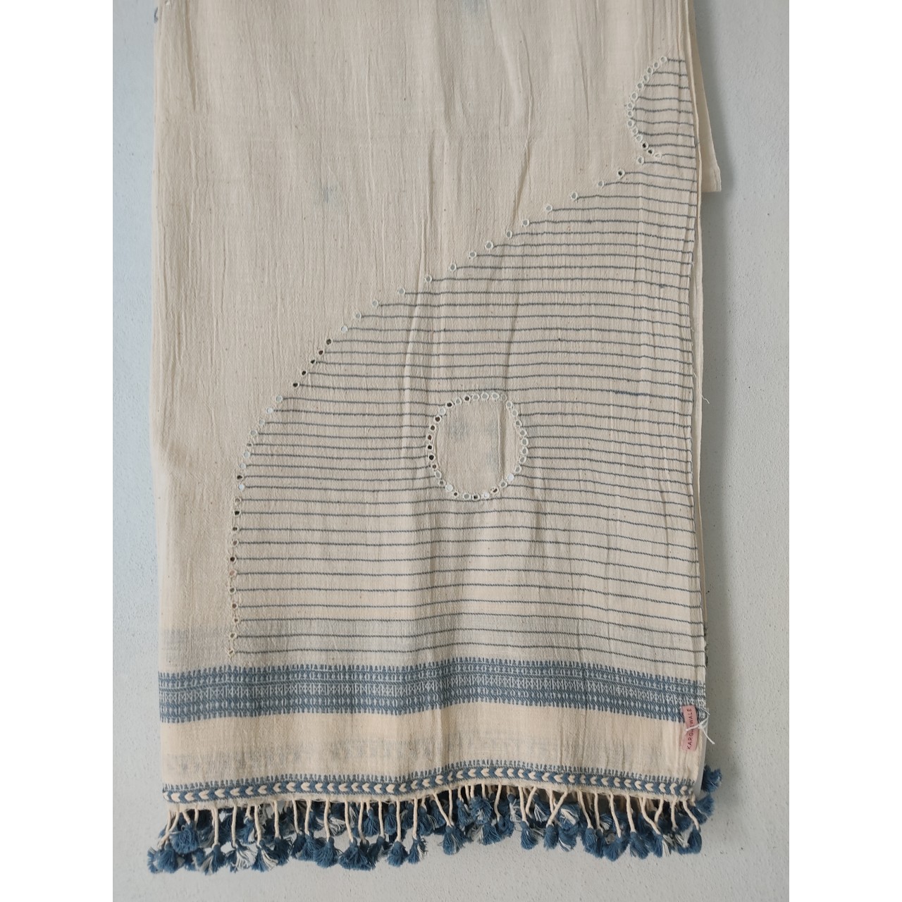 (302) Organic handspun kala cotton Natural dyed Kutchy stole with kala cotton motif from Kutch - Kora, off white, indigo, light indigo