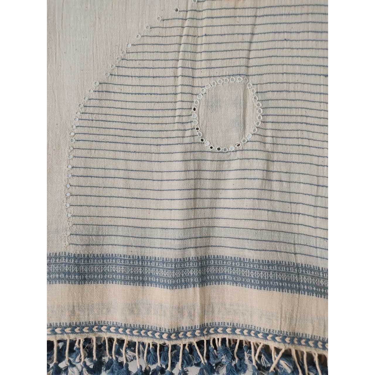 (302) Organic handspun kala cotton Natural dyed Kutchy stole with kala cotton motif from Kutch - Kora, off white, indigo, light indigo