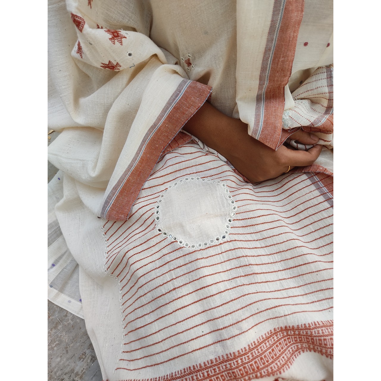 (303) Organic handspun kala cotton Natural dyed Kutchy stole with kala cotton extra weft, kala cotton motif from Kutch - Kora, off white, white, maroon