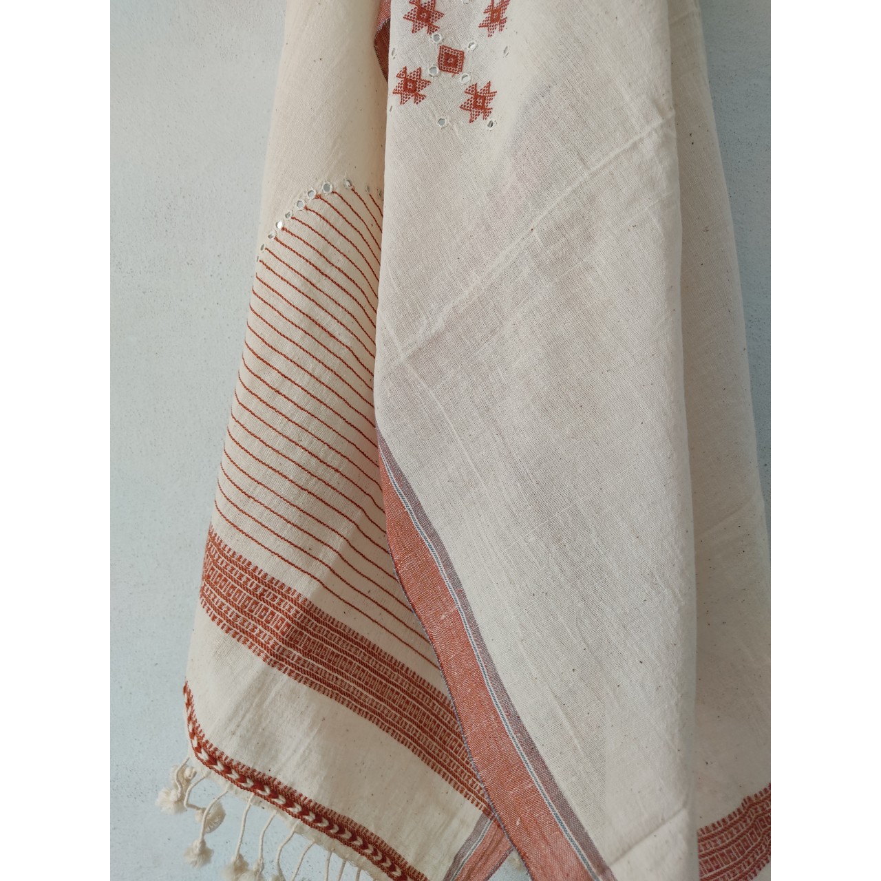 (303) Organic handspun kala cotton Natural dyed Kutchy stole with kala cotton extra weft, kala cotton motif from Kutch - Kora, off white, white, maroon