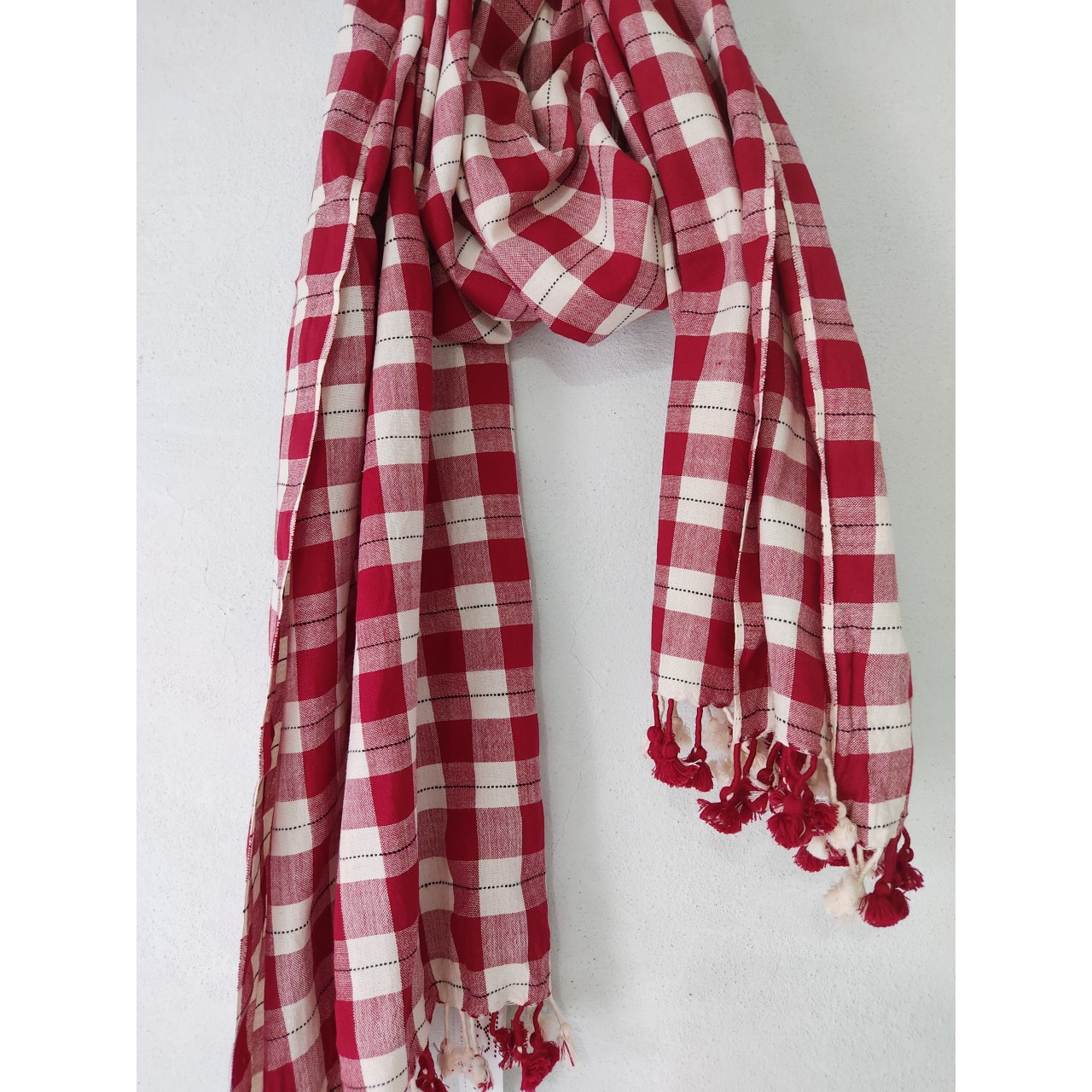 (306) Cotton Azo-free dyed stole with cotton motif, cotton extra weft from Kutch - Maroon, kora, checks, white, off white