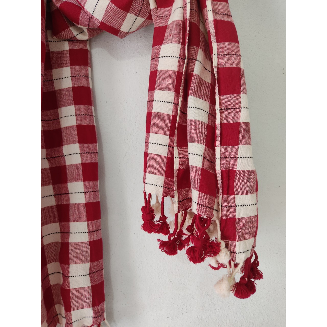(306) Cotton Azo-free dyed stole with cotton motif, cotton extra weft from Kutch - Maroon, kora, checks, white, off white