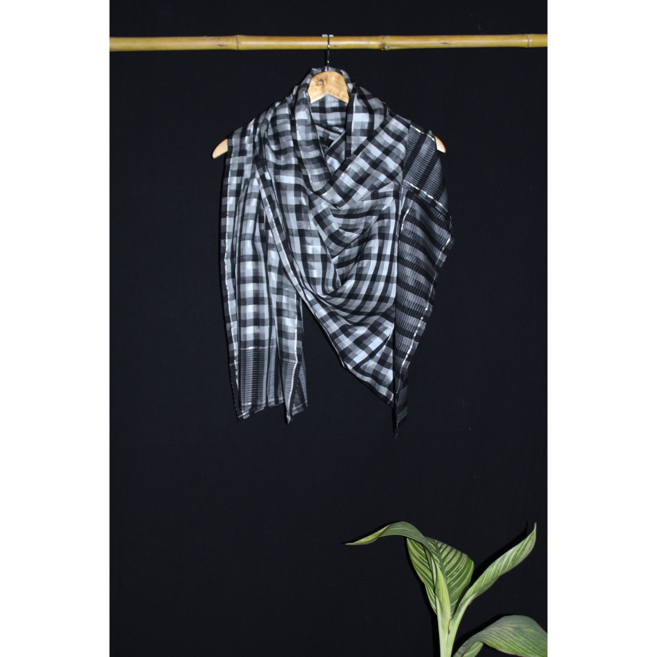 (2173) Mulberry silk, cotton and zari Azo-free dyed stole from Maheshwar - White, black, checks, stripes, silver zari