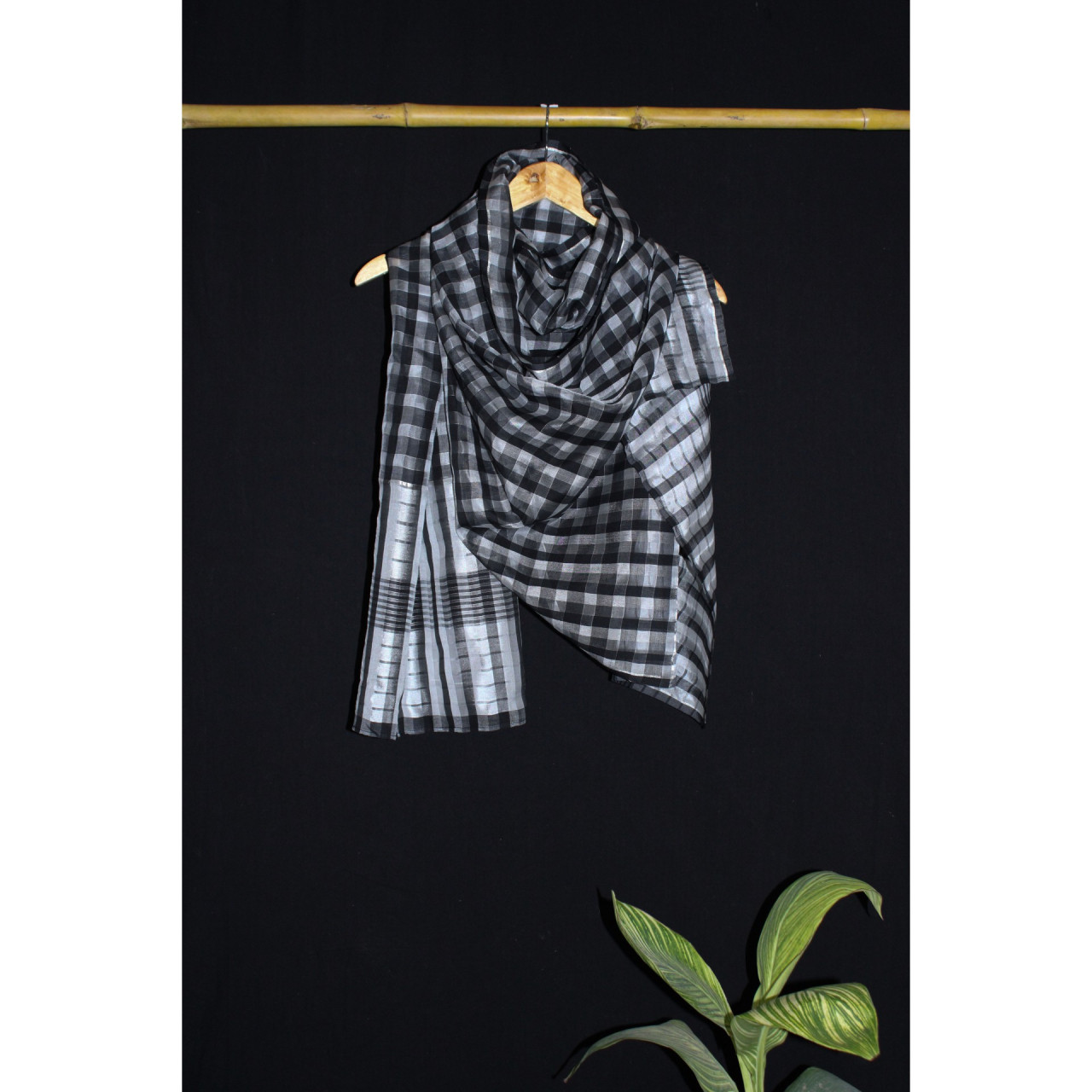(2174) Mulberry silk and cotton Azo-free dyed stole from Maheshwar - Black, checks, silver, silver zari, stripes