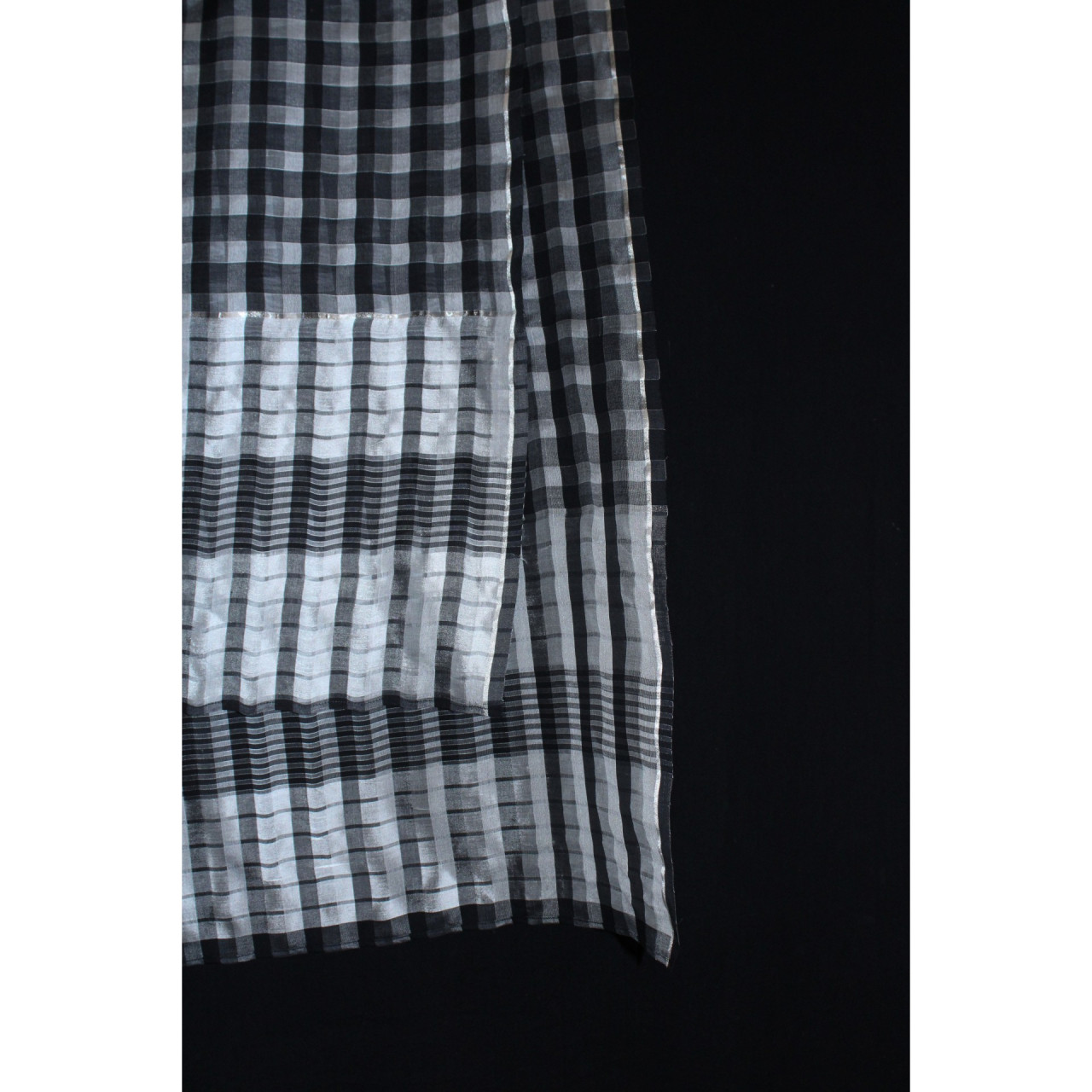 (2174) Mulberry silk and cotton Azo-free dyed stole from Maheshwar - Black, checks, silver, silver zari, stripes