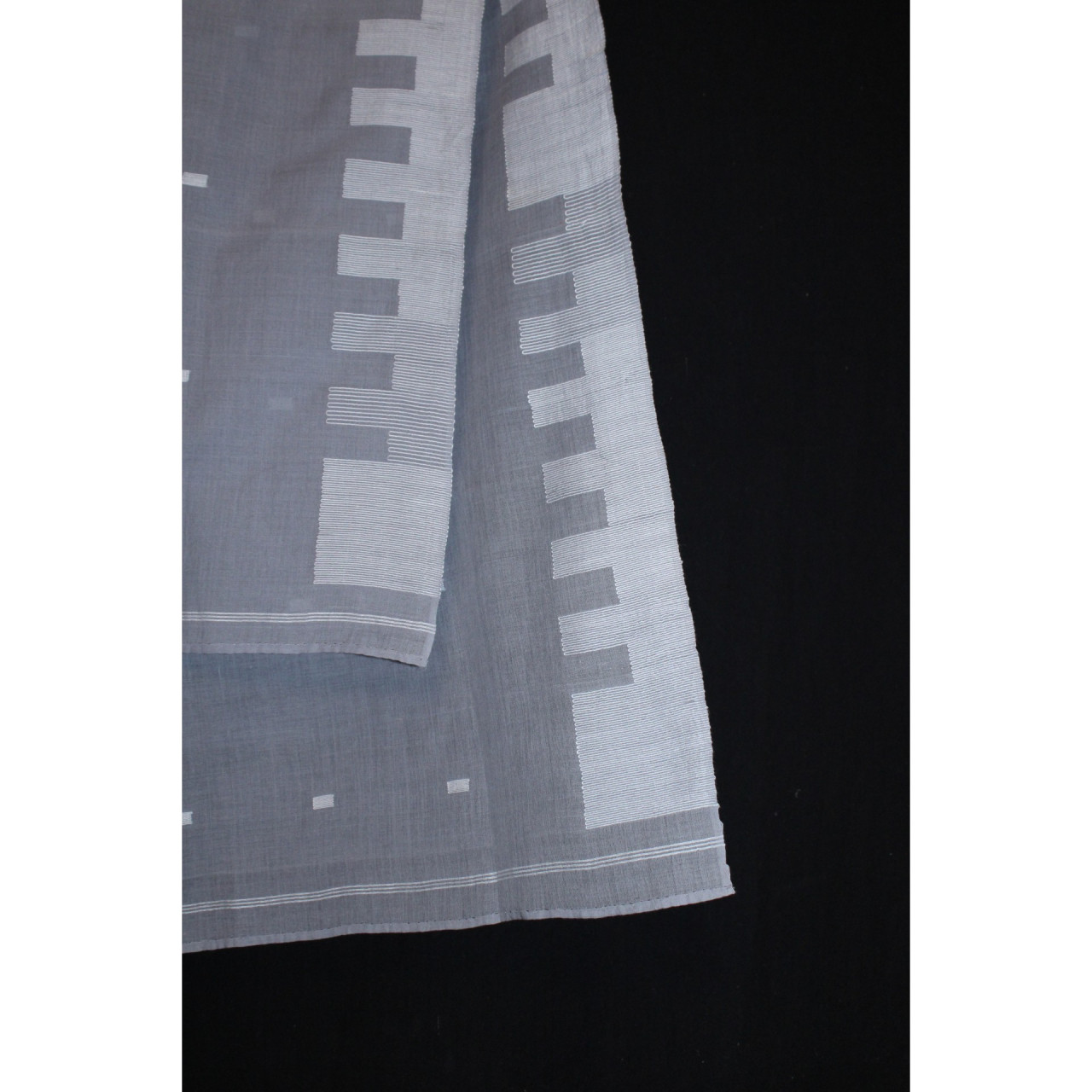 (1324) Cotton Azo-free dyed stole from Shantipur with cotton motifs and cotton motifs - Grey, white, motif