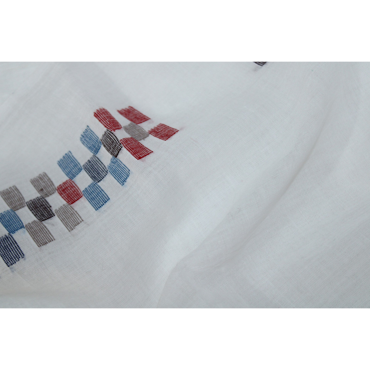(1325) Cotton Azo-free dyed stole from Shantipur with cotton motifs and cotton motifs - White, red, blue, brown, checks, motif, stripes, black