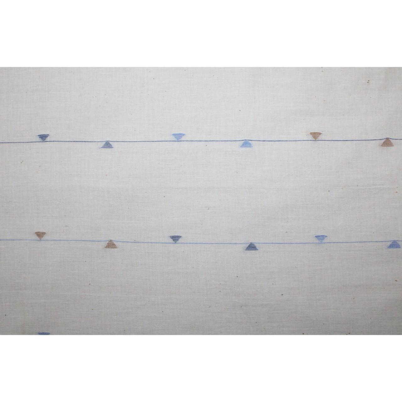 (1548) Cotton and khadi  Azo-free dyed Jamdani yardage from Shantipur with cotton motifs and cotton motifs - White, sky blue, indigo, selvedge, brown, motif
