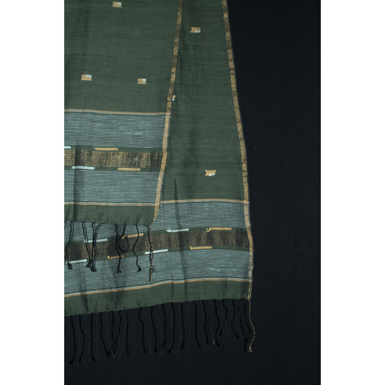 (1800) Cotton and khadi  Azo-free dyed stole from Shantipur with motifs - Green, black, golden, motif