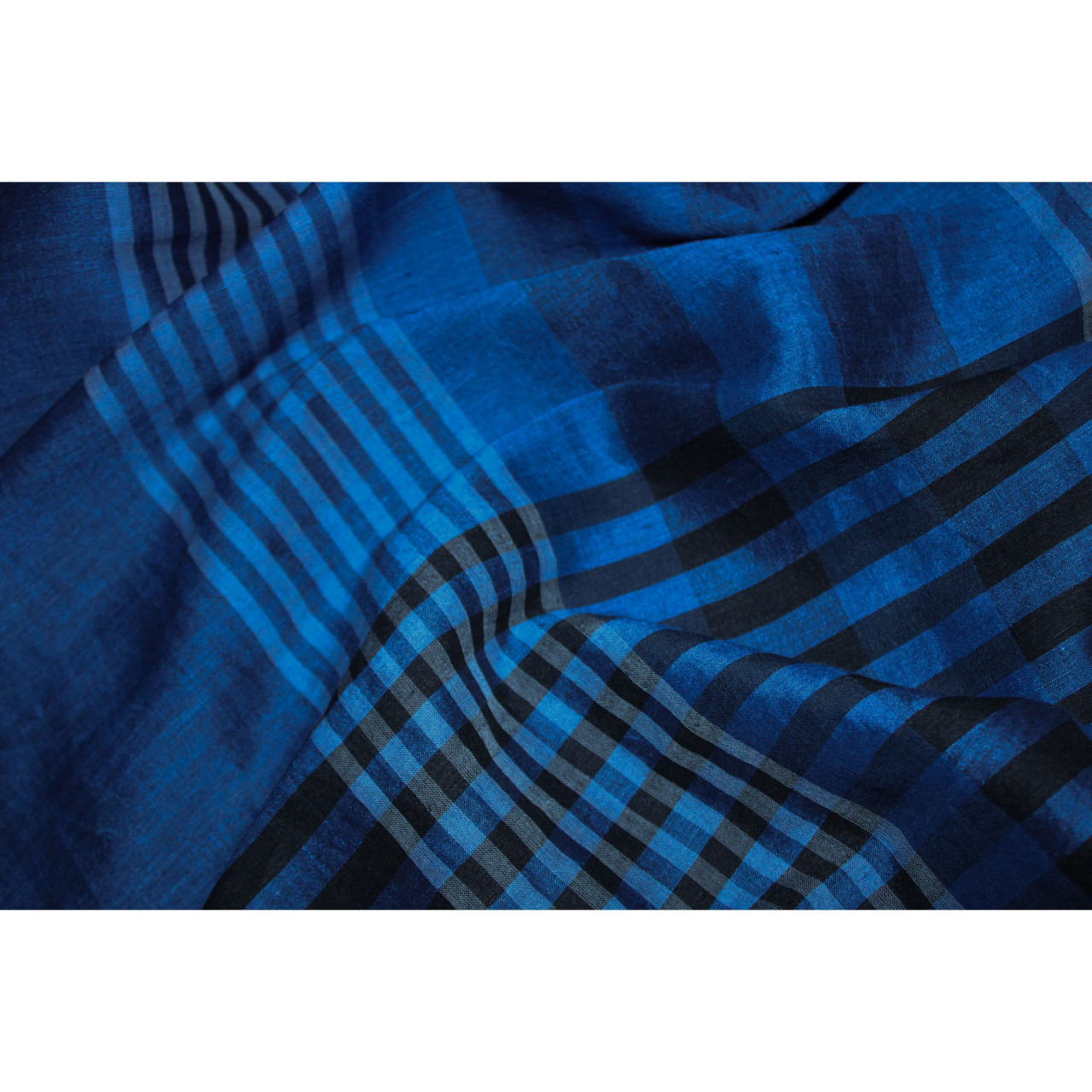 (2072) Khadi  and linen Azo-free dyed stole from Shantipur - Indigo, black, stripes, white