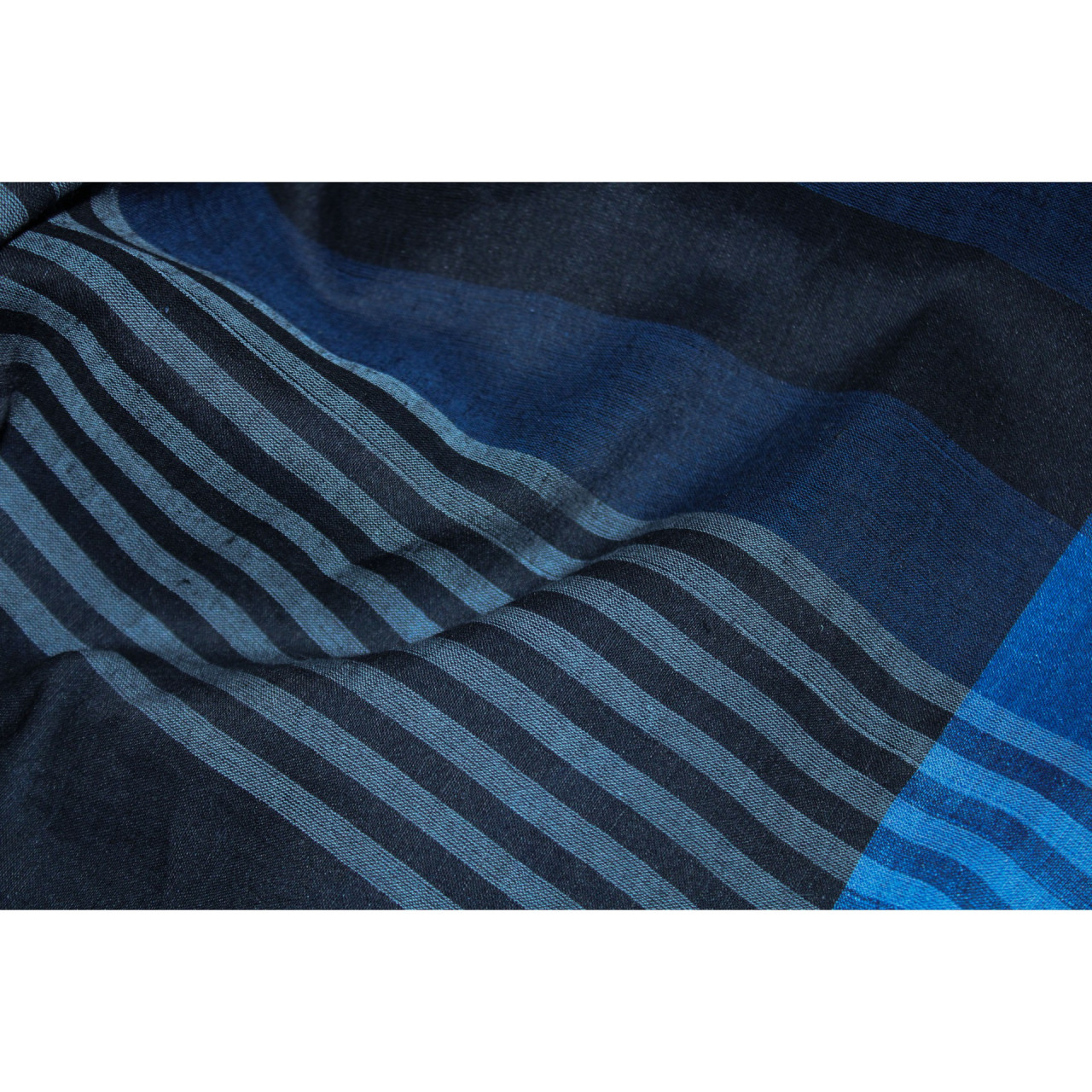 (2073) Khadi  and linen Azo-free dyed stole from Shantipur - Indigo, black, blue, white, stripes, plain