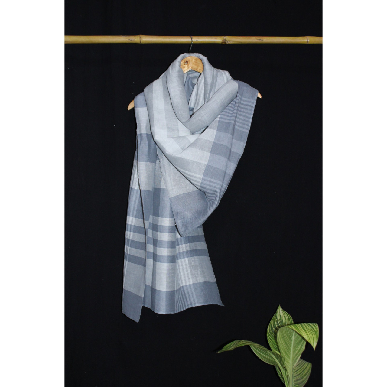 (2075) Khadi  and linen Azo-free dyed stole from Shantipur - Grey, white, stripes