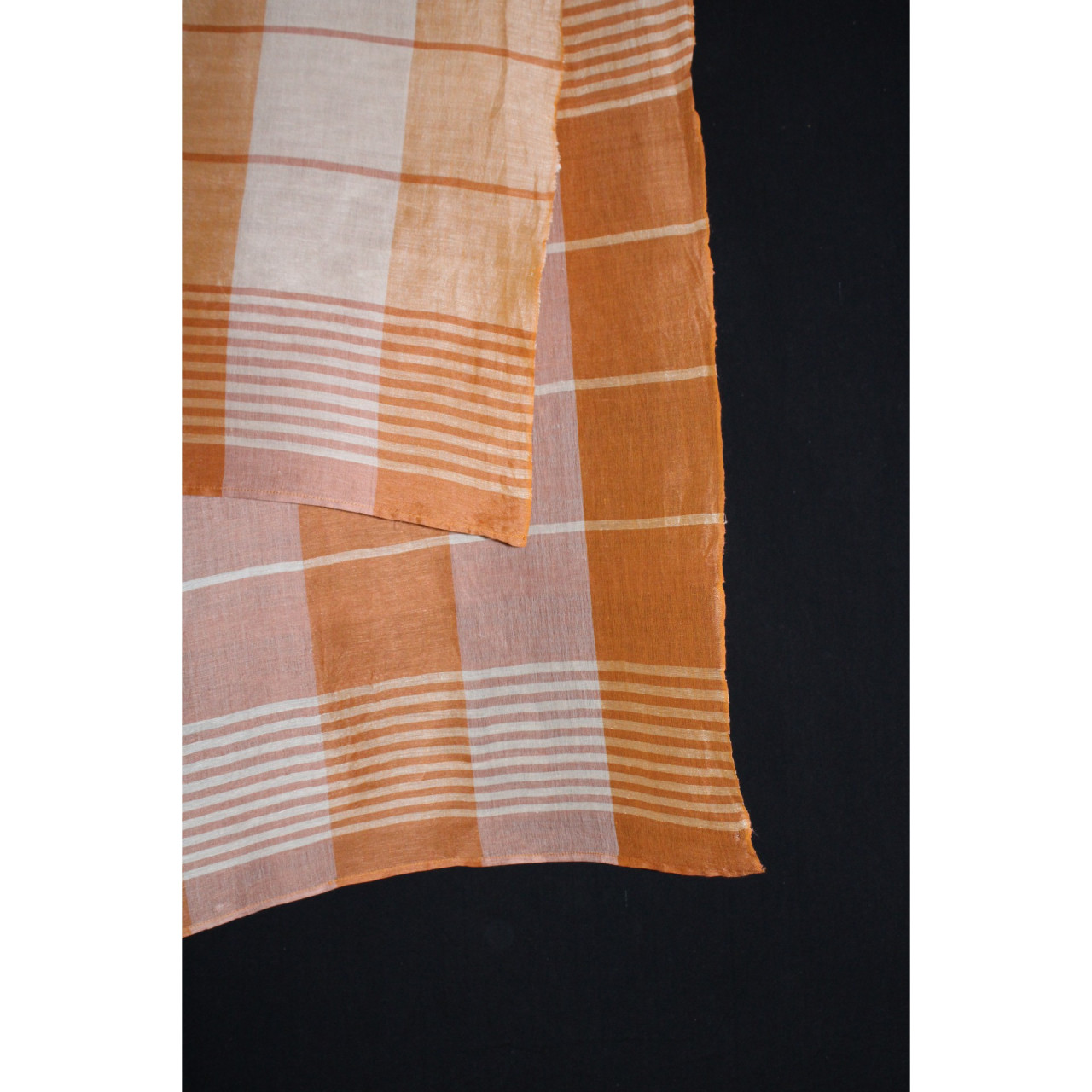 (2157) Khadi  and linen Azo-free dyed stole from Shantipur - Orange, cream, stripes, checks
