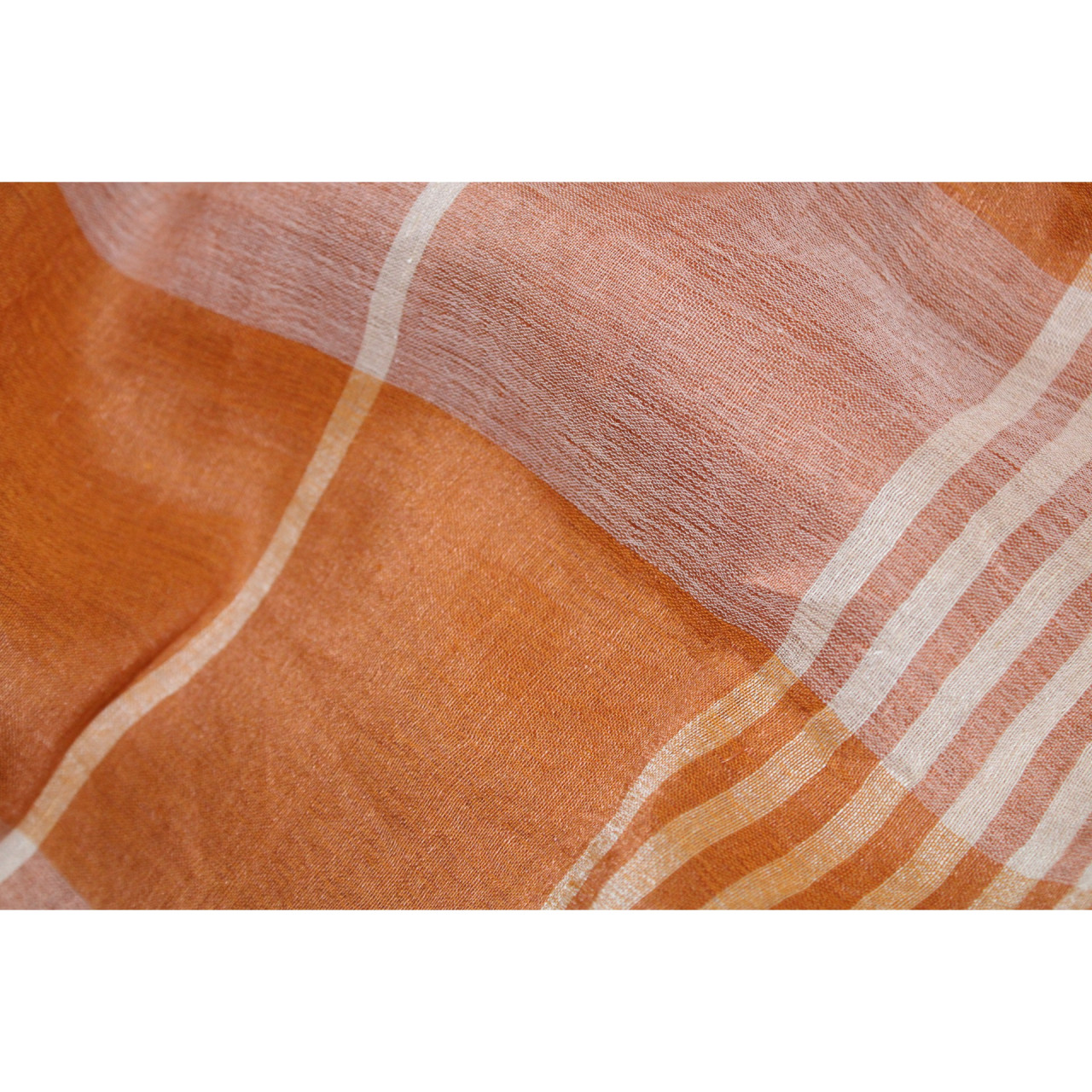 (2157) Khadi  and linen Azo-free dyed stole from Shantipur - Orange, cream, stripes, checks