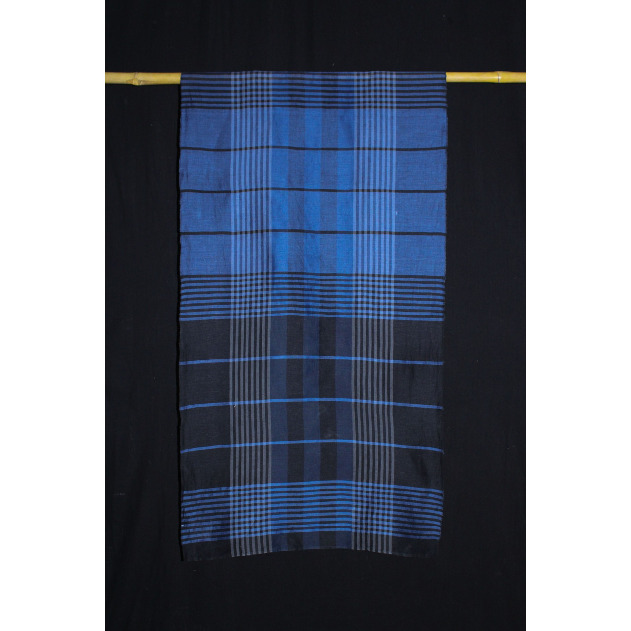 (2159) Khadi  and linen Azo-free dyed stole from Shantipur - Indigo, black, blue, stripes, checks