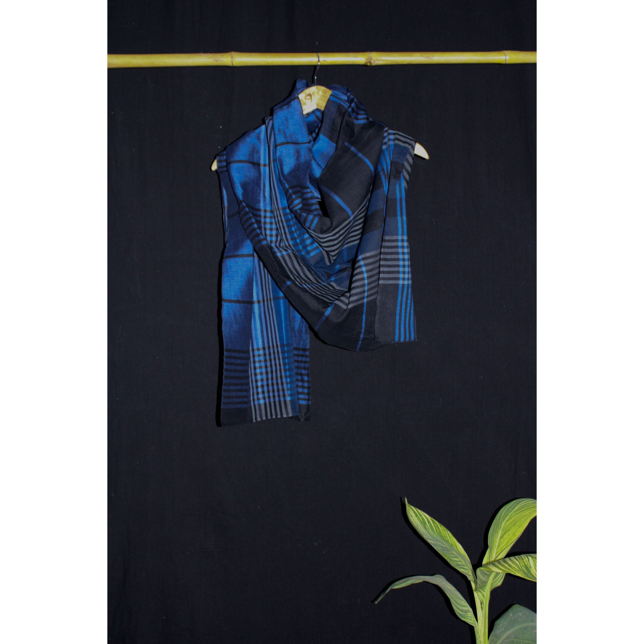 (2159) Khadi  and linen Azo-free dyed stole from Shantipur - Indigo, black, blue, stripes, checks